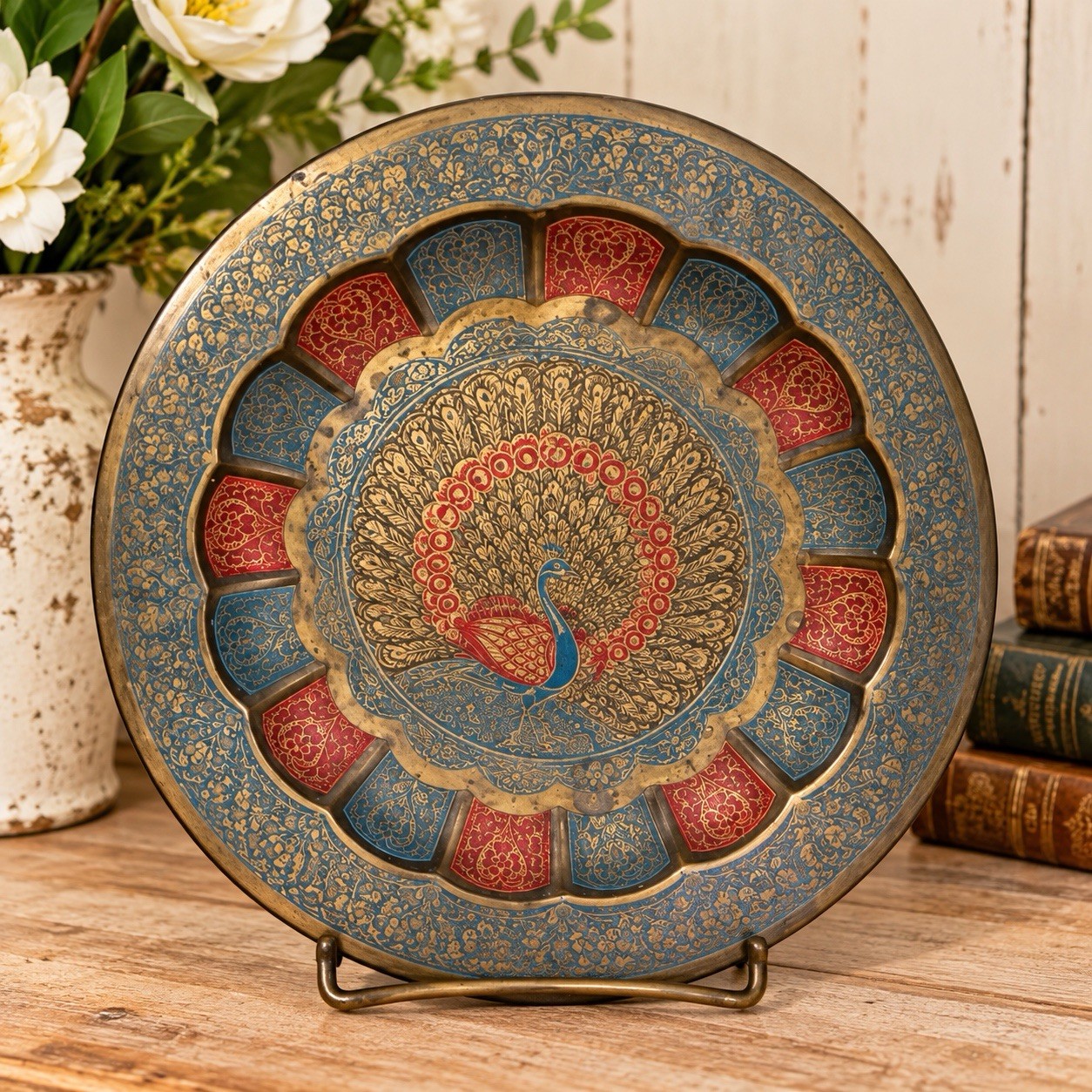 Vintage Peacock Etched Collection Brass Meenakari 7.5 inch  GLOWS