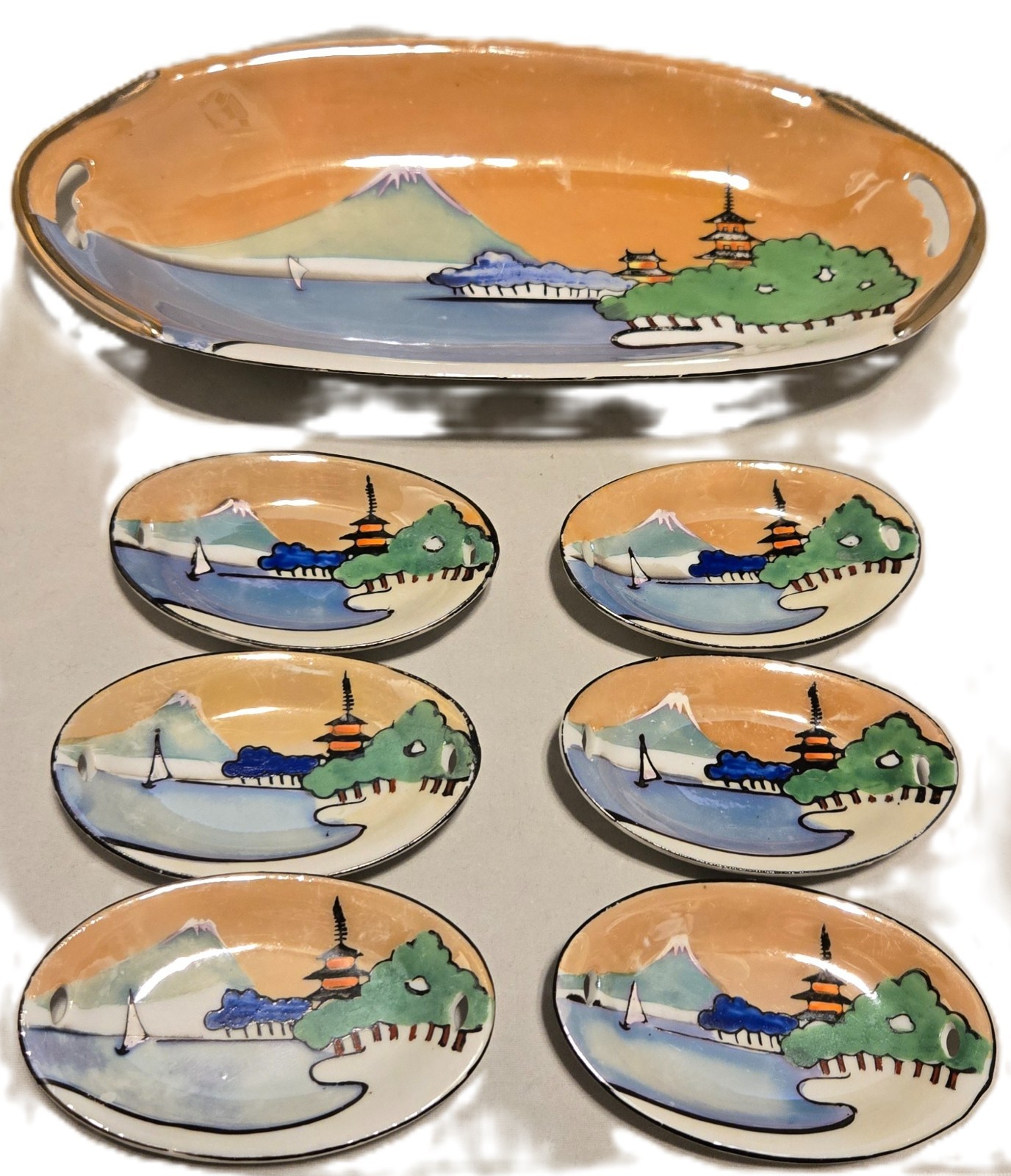 Vintage Hand Painted Lustreware Celery Dish and 6 open salt dishes