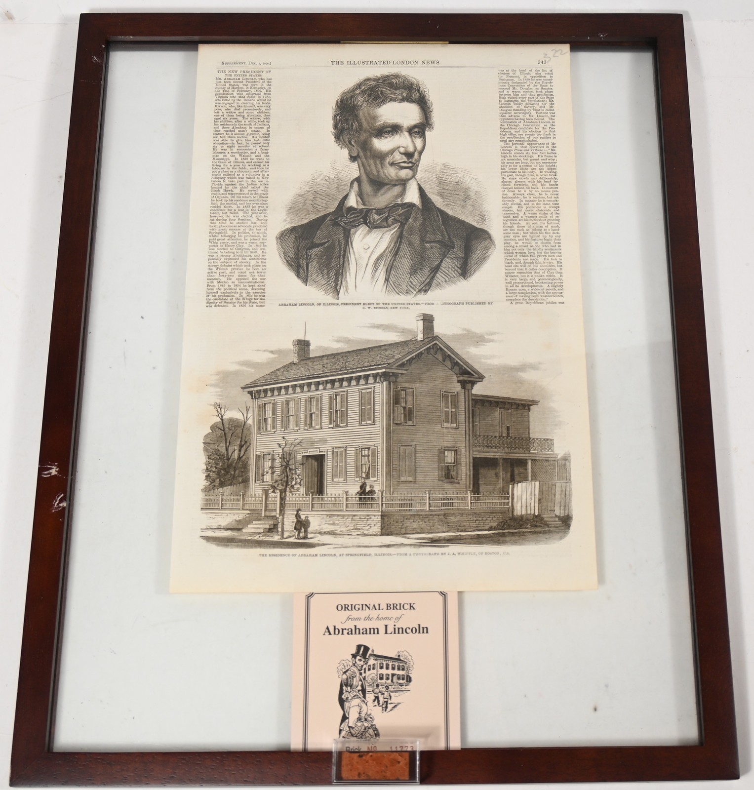 Framed ORIGINAL BRICK from the HOME of ABRAHAM LINCOLN w/ Newspaper +