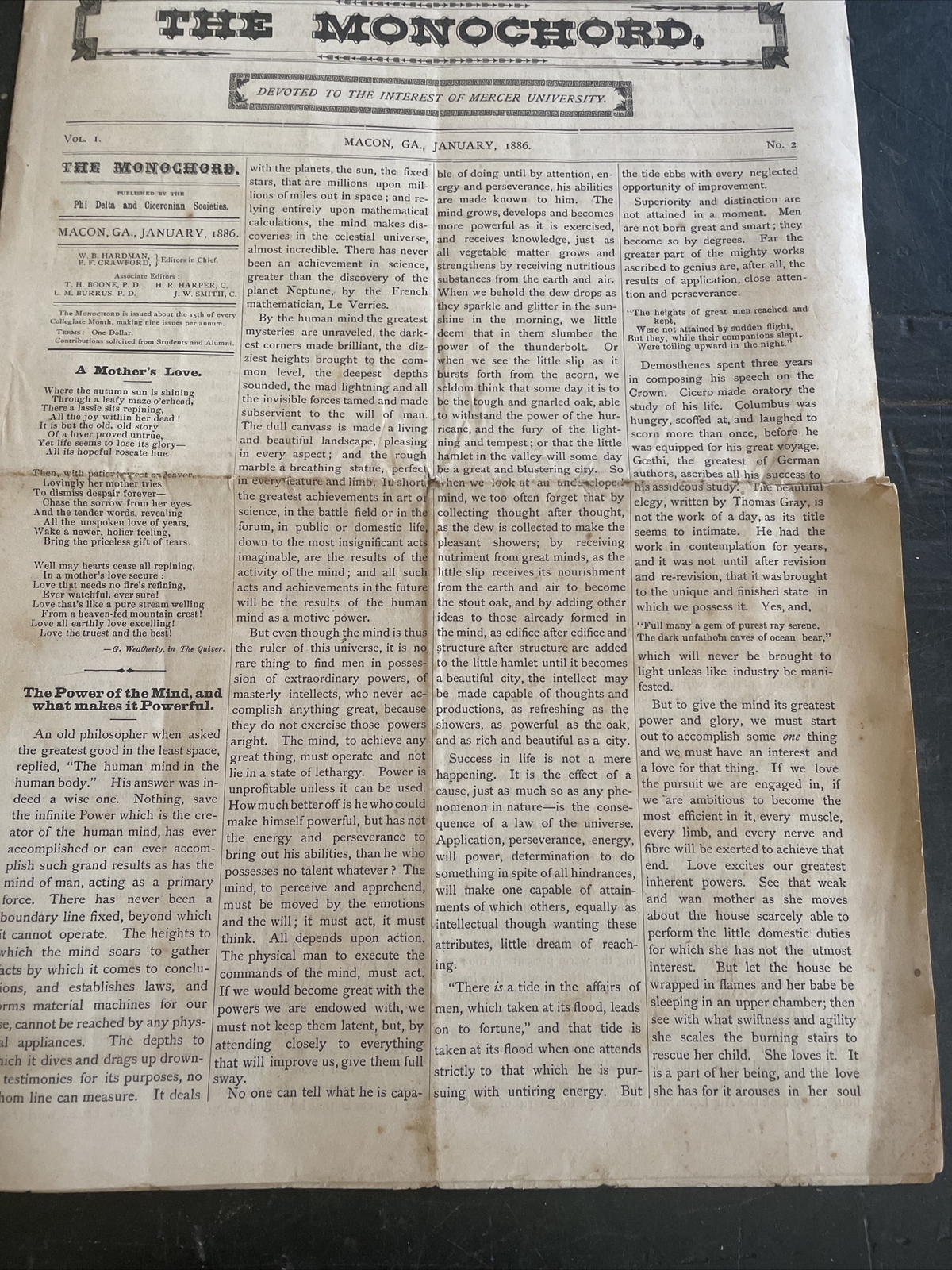 The Monochord January 1886 Mercer College Macon Georgia Published By Phi Delta &