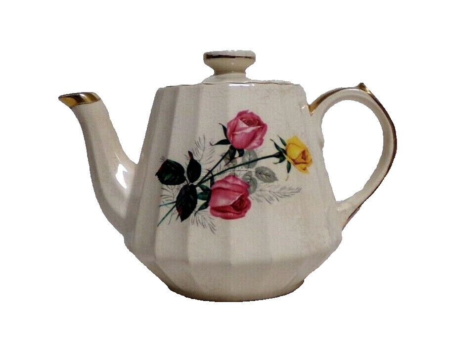VINTAGE SADLER FLUTED TEAPOT CERAMIC PINK YELLOW ROSES GOLD TRIM, ENGLAND
