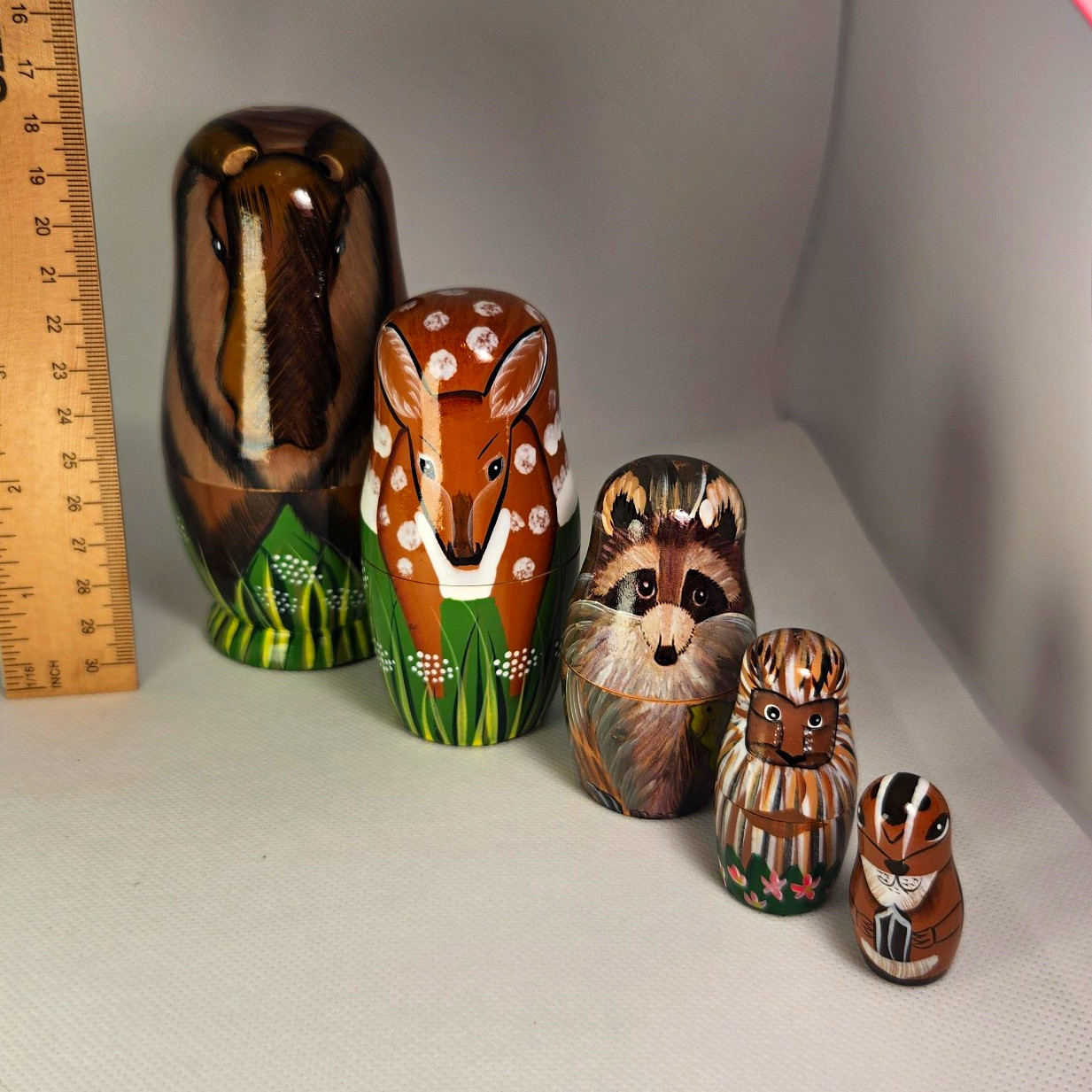 Hand-Painted Wooden Woodland Animal Figurines Set of 5 Multicolor Nesting Dolls Hand-Painted Wooden Woodland Animal Figurines Set of 5 Multicolor Nesting Dolls