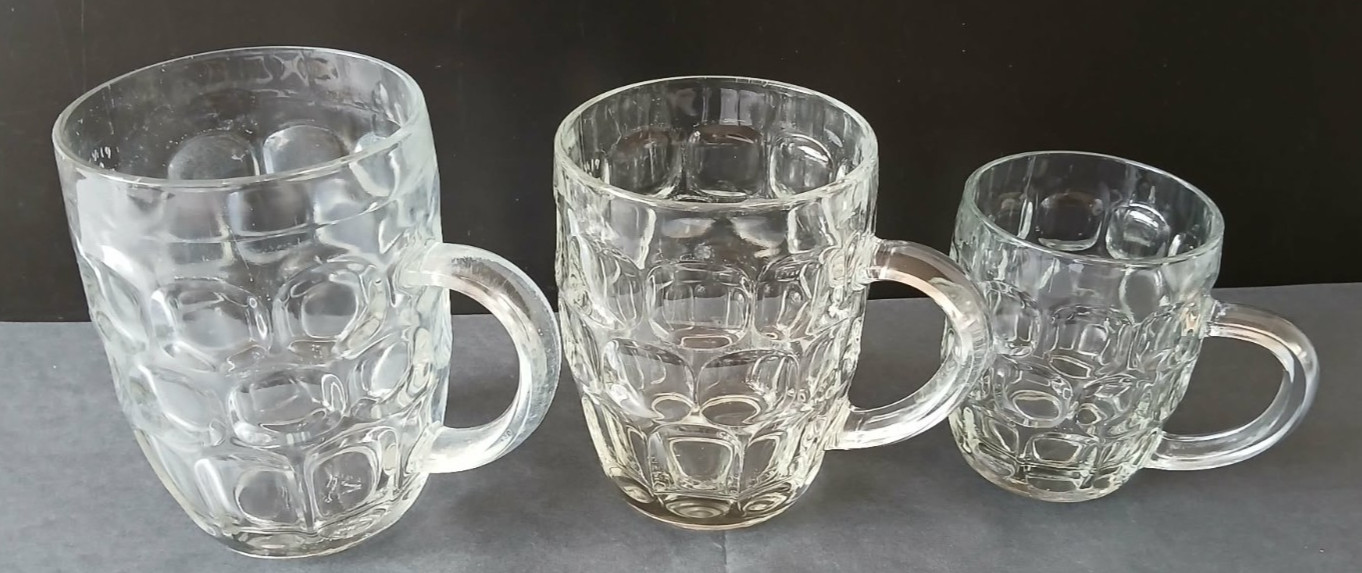 2 x Vintage One Pint Dimple Tankards +1 Half Pint Pub Glasses Marked Crown & 10 2 x Vintage One Pint Dimple Tankards +1 Half Pint Pub Glasses Marked Crown & 10