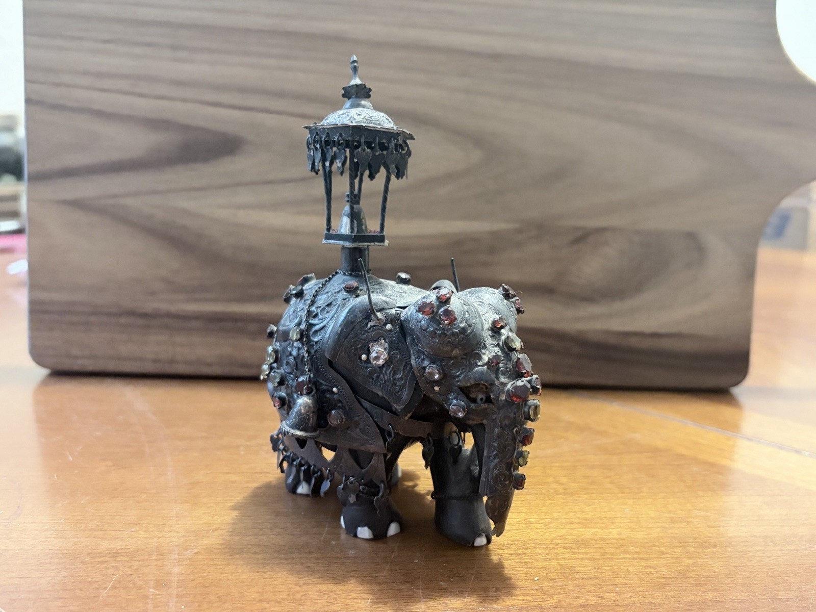 VINTAGE SRI LANKA STERLING SILVER & EBONY ELEPHANT W/ENCRUSTED GEMSTONES