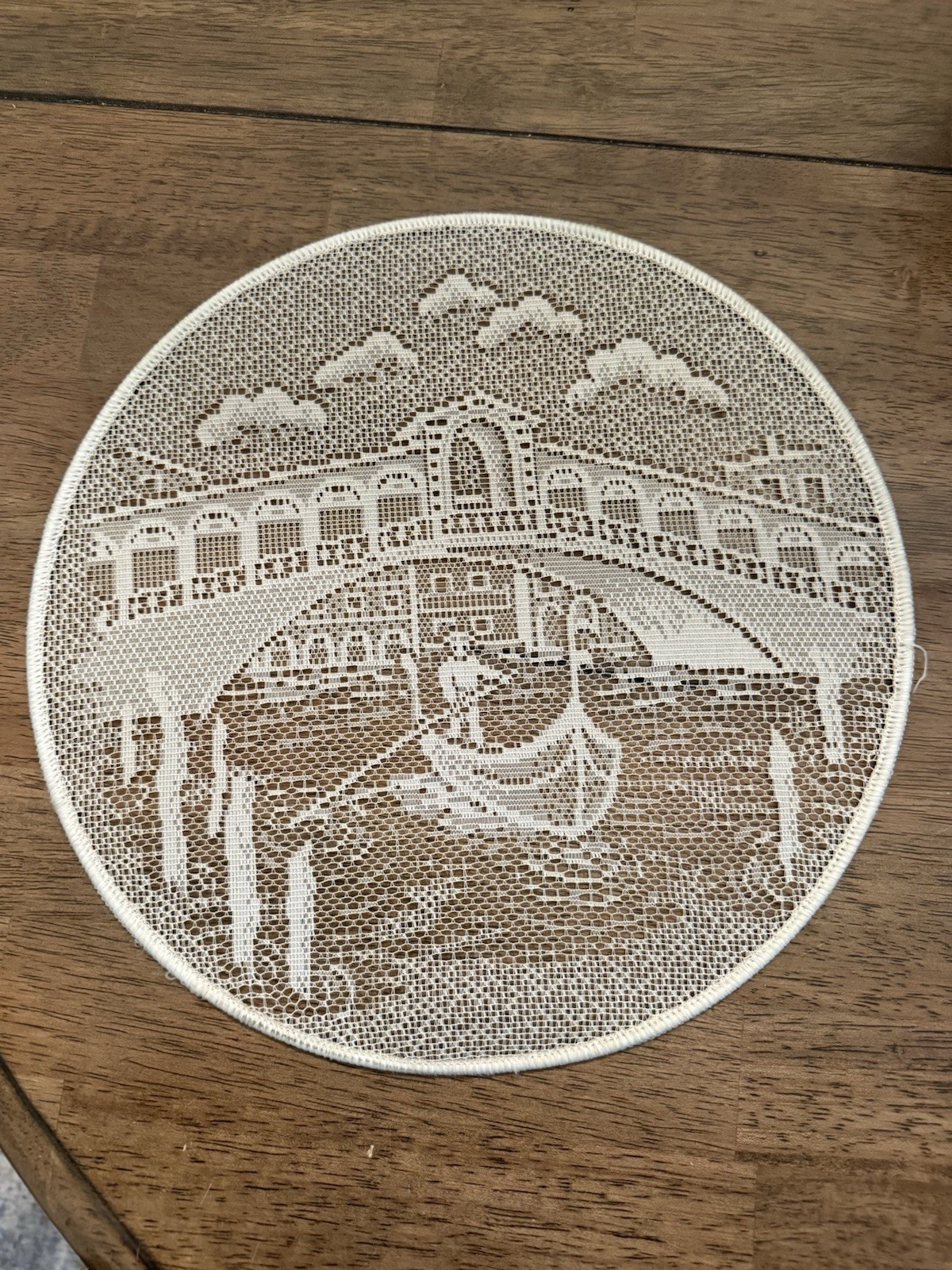Vintage Venice Italy Gondola Bridge Lace Doily 12” Italian Souvenir Decor Sheer