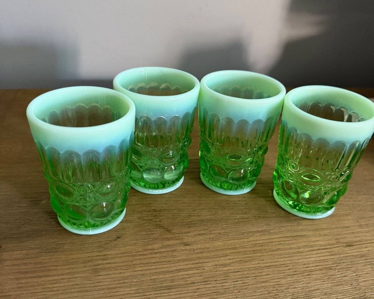 4 Pc Mosser Cherry Cable Opalescent Green Tumblers Glass 6.5 oz Set of 4 USA