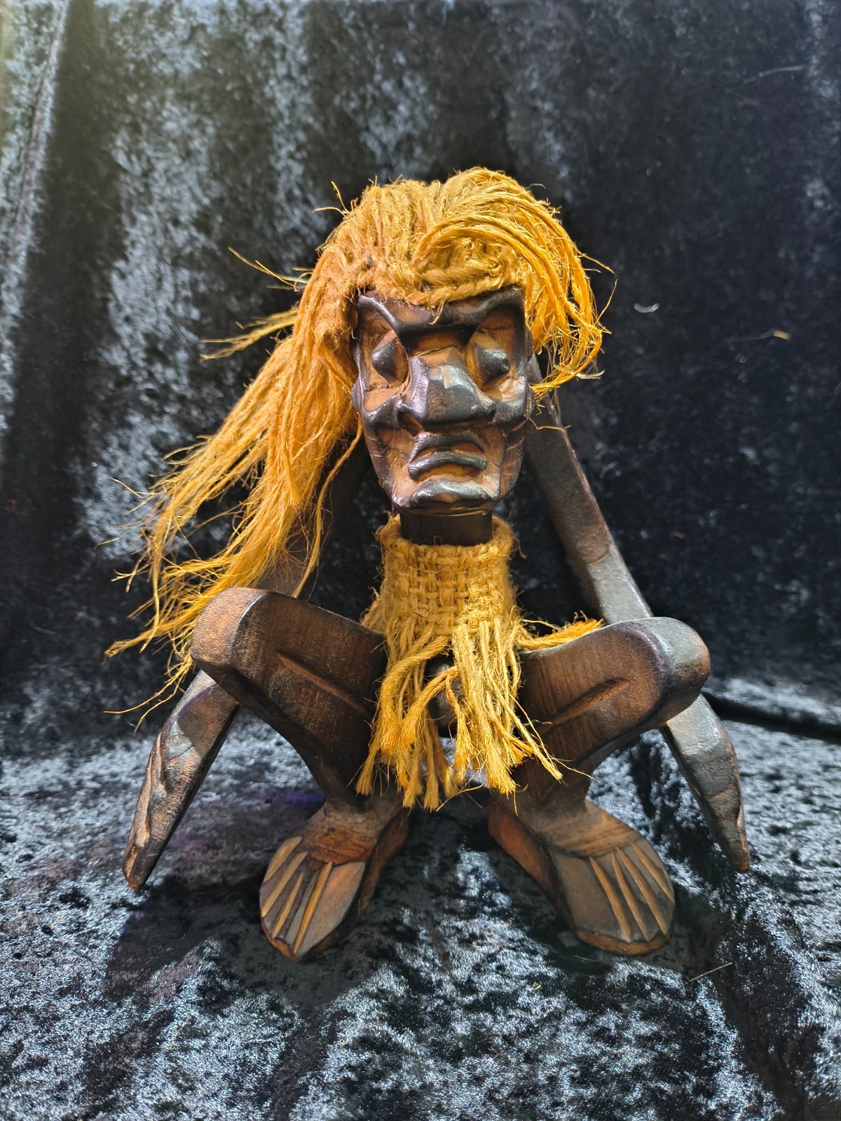 Vintage African Handmade Carved Wood Tribal Figurine. Twine Hair. 8 1/2
