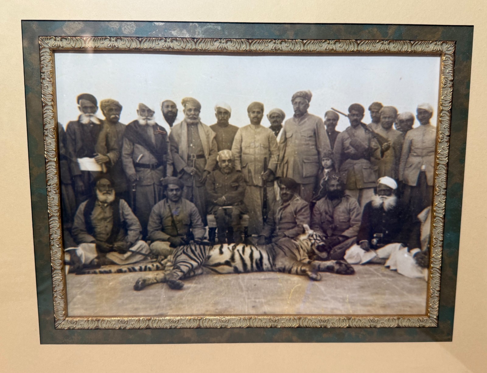 Antique original 19th century framed Indian dual tiger hunt sepia photographs