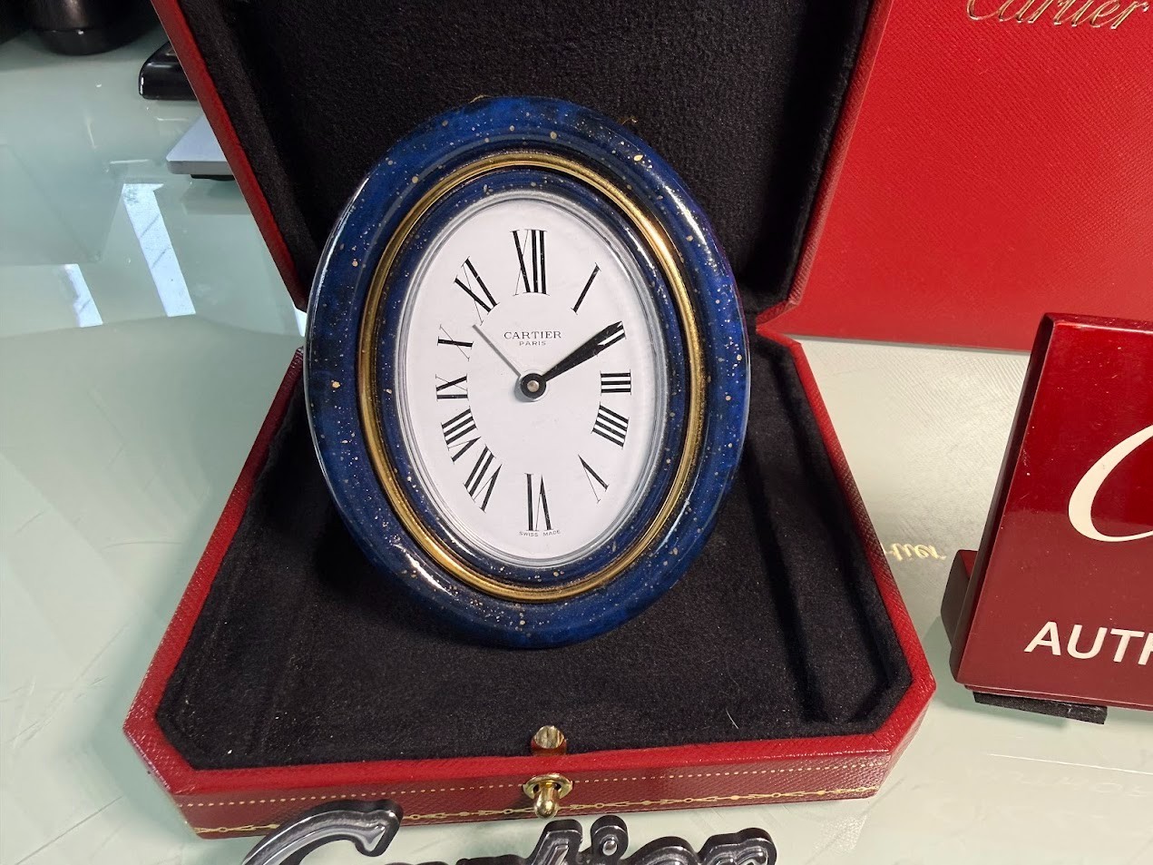 *** Cartier Oval Lapis Blue AAA= Cond = Mint Clock  serviced New Battery Box ***