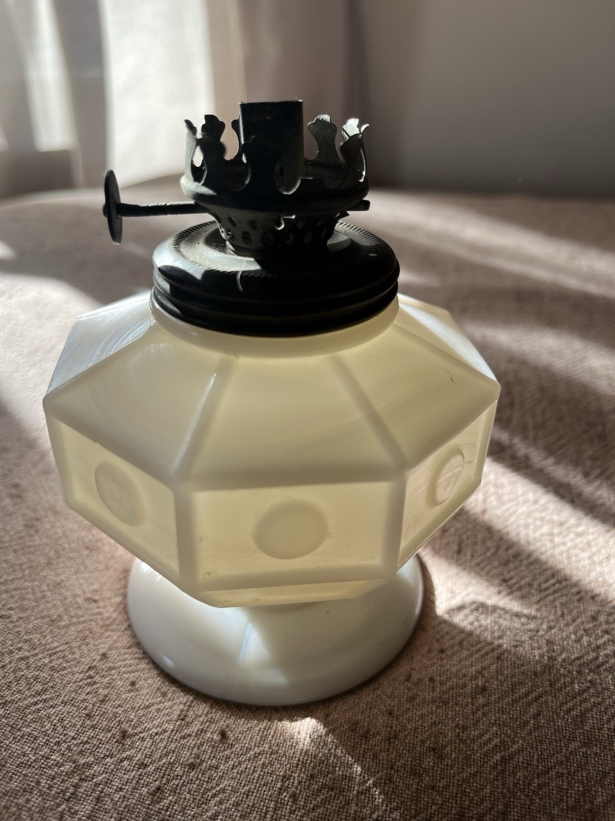 Antique Milk Glass Block And Dot Miniature Oil Lamp 