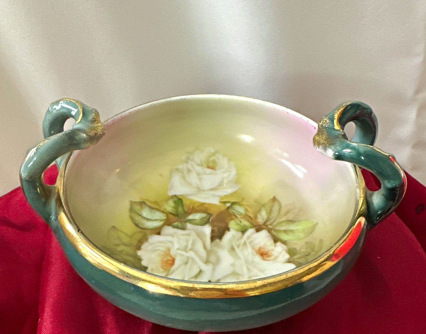 Antique Hand Painted Porcelain Console Bowl Teal Green Pink White Roses Gold 