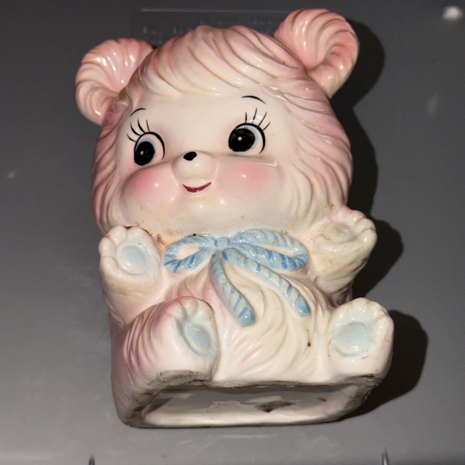Parma by AAI Blue Teddy Bear Nursery Planter Pink Bow Paws Made in Japan Vintage