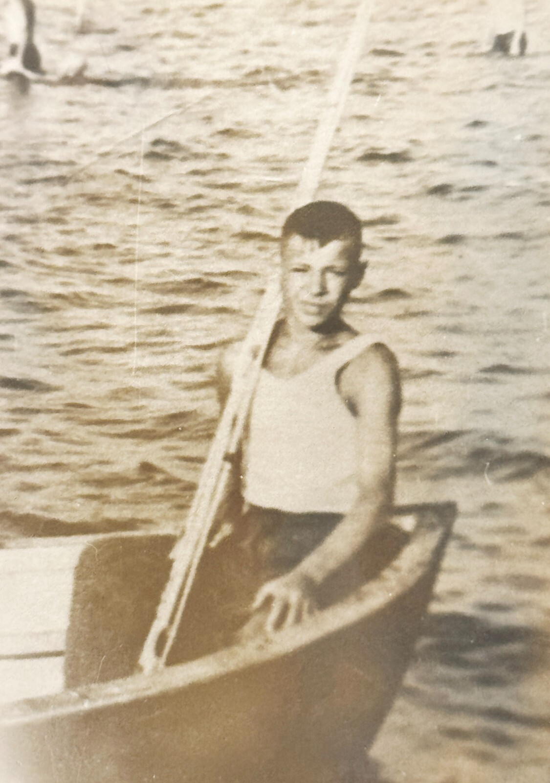 Handsome Boatman Crossing River 1940s Vintage B&W Photo