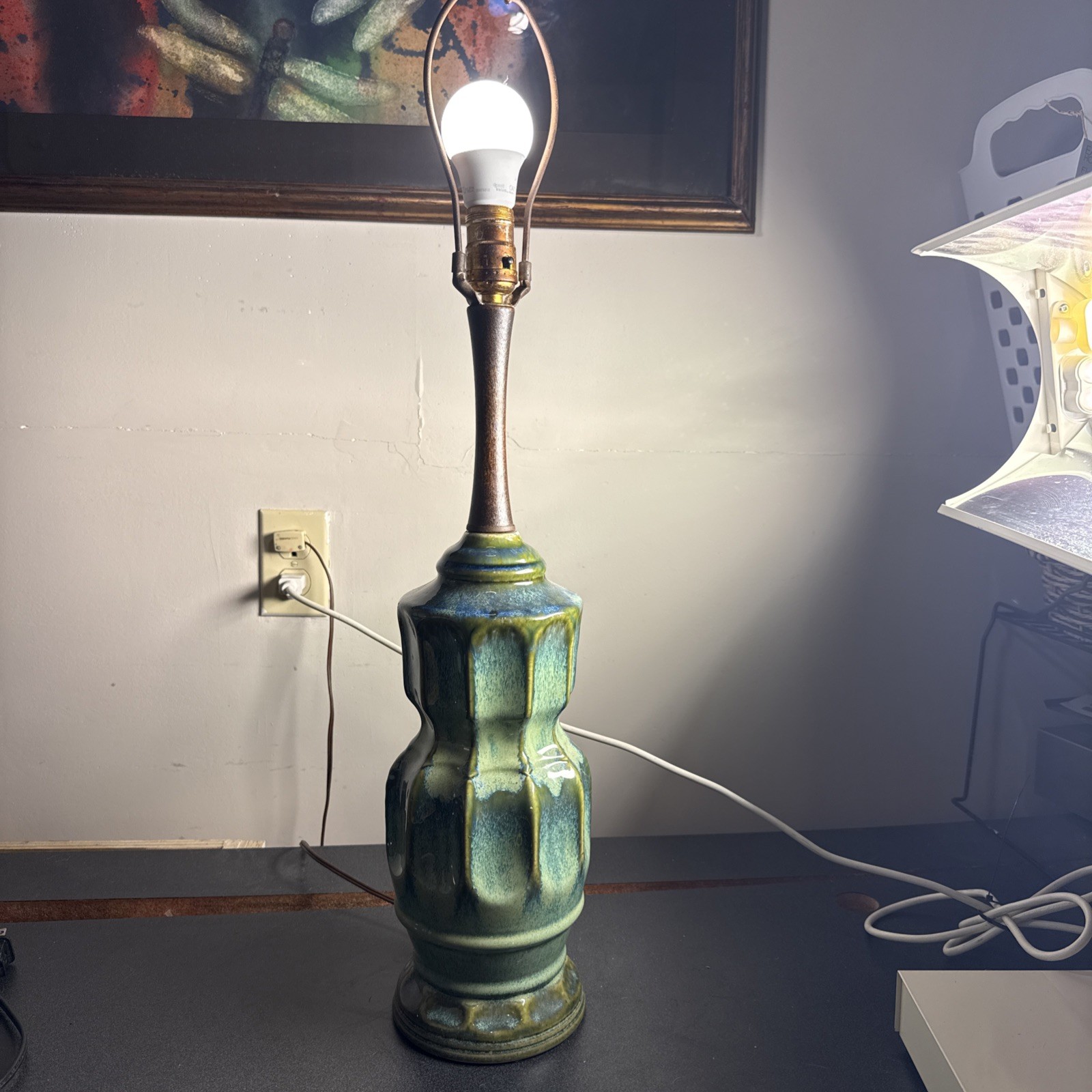 Vintage MCM Hall Pottery Green Blue Ceramic Drip  Lamp Glaze Finish Wood Accent