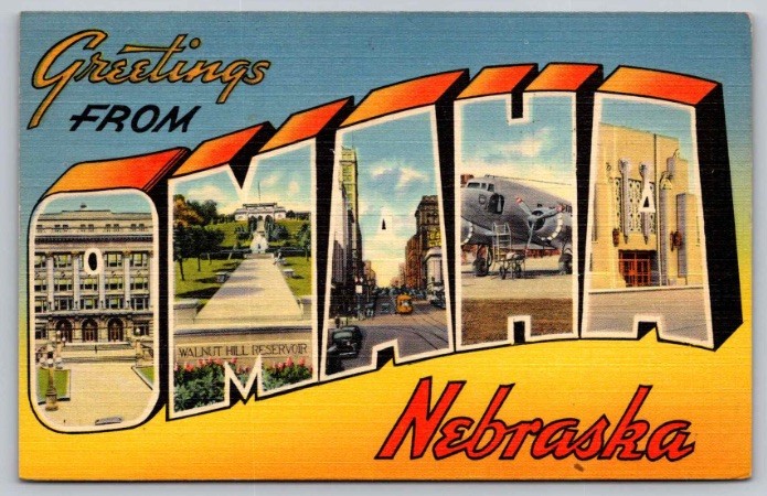 c1944 Greetings From Omaha Nebraska NE Large Letter Linen Tichnor Postcard