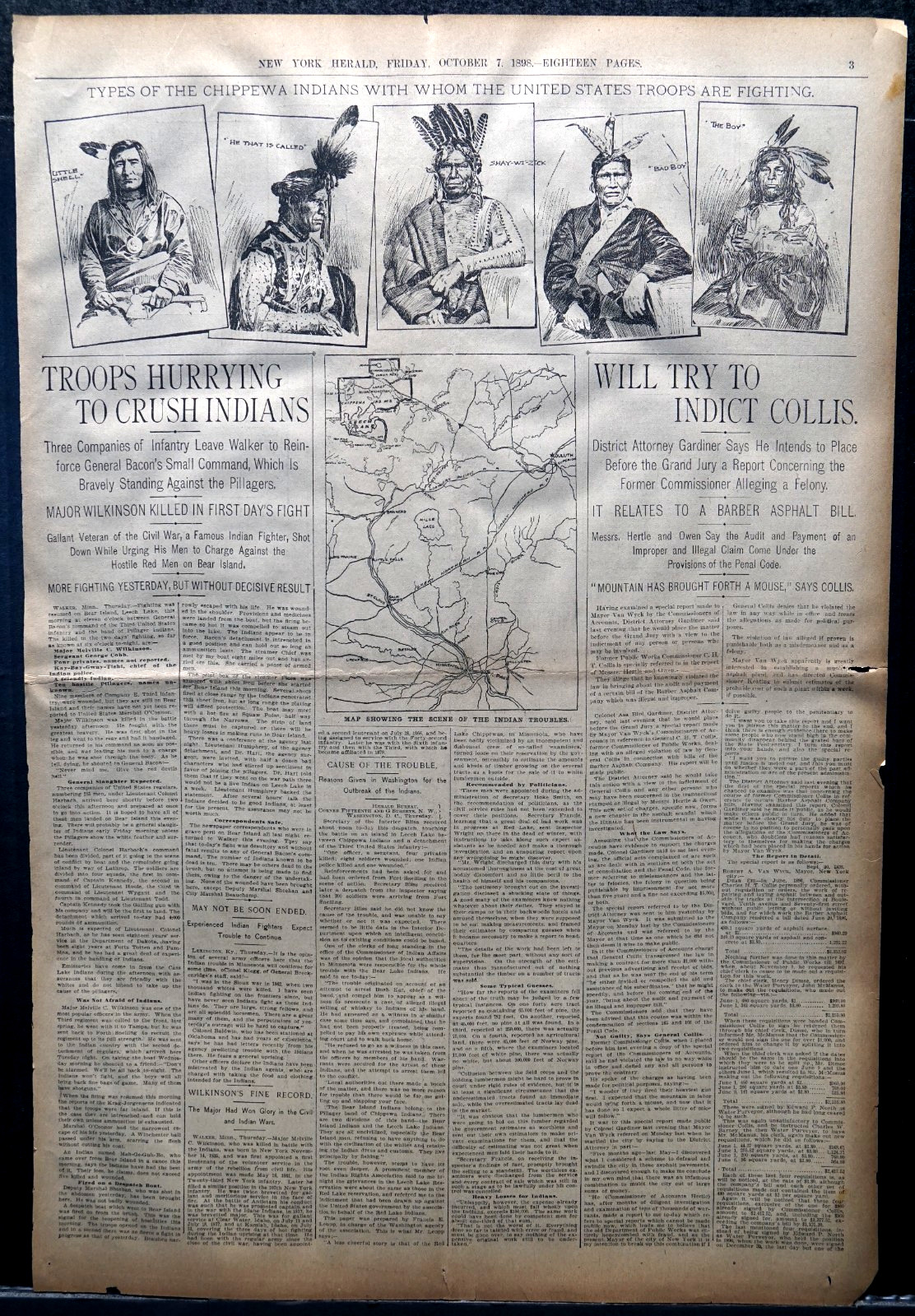Rare 1898 New York Newspaper Page - Battle of Sugar Point, Last Indian Uprising