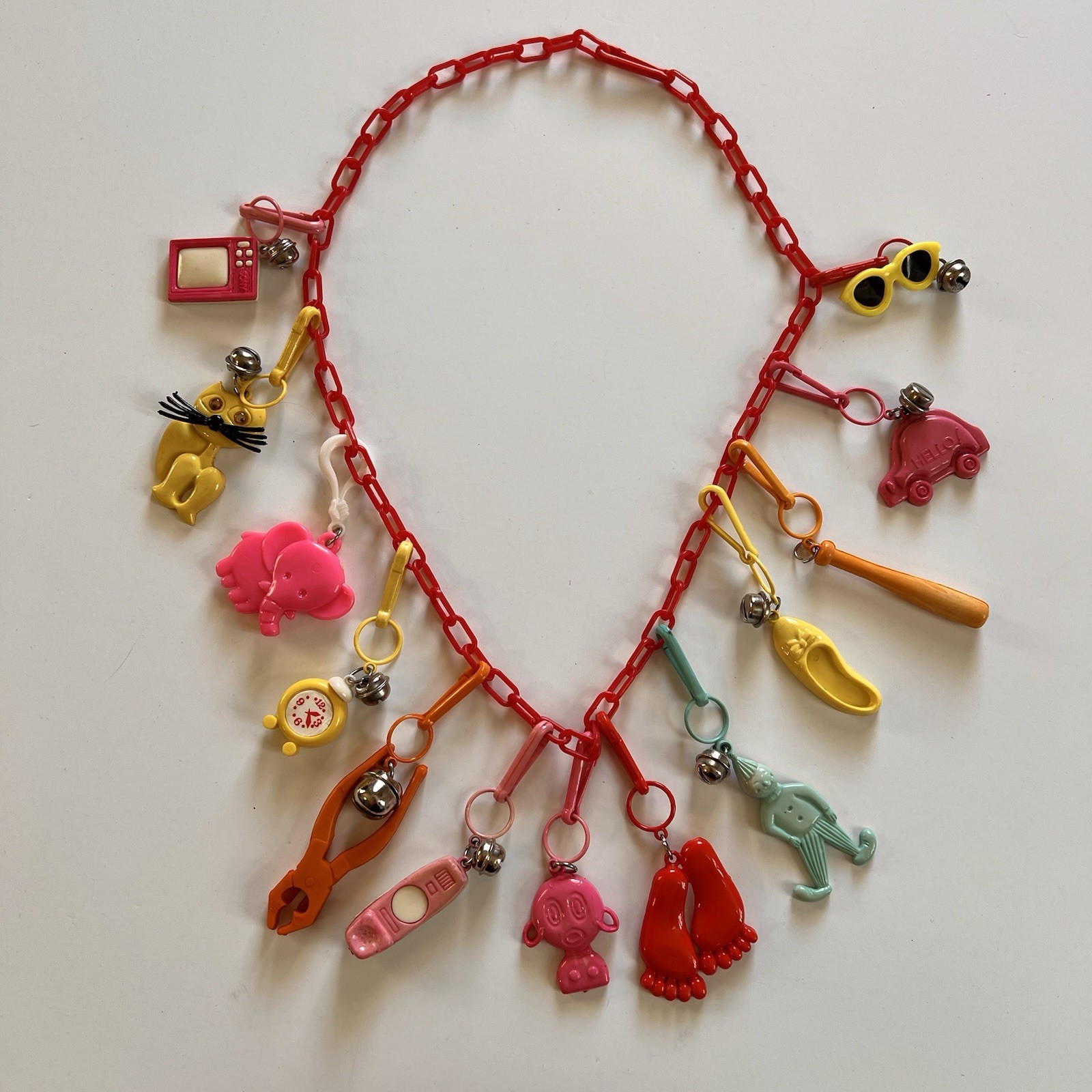 Vintage 80s Plastic Clip On Bell Charm Necklace 12 Charms Vintage 80s Plastic Clip On Bell Charm Necklace 12 Charms