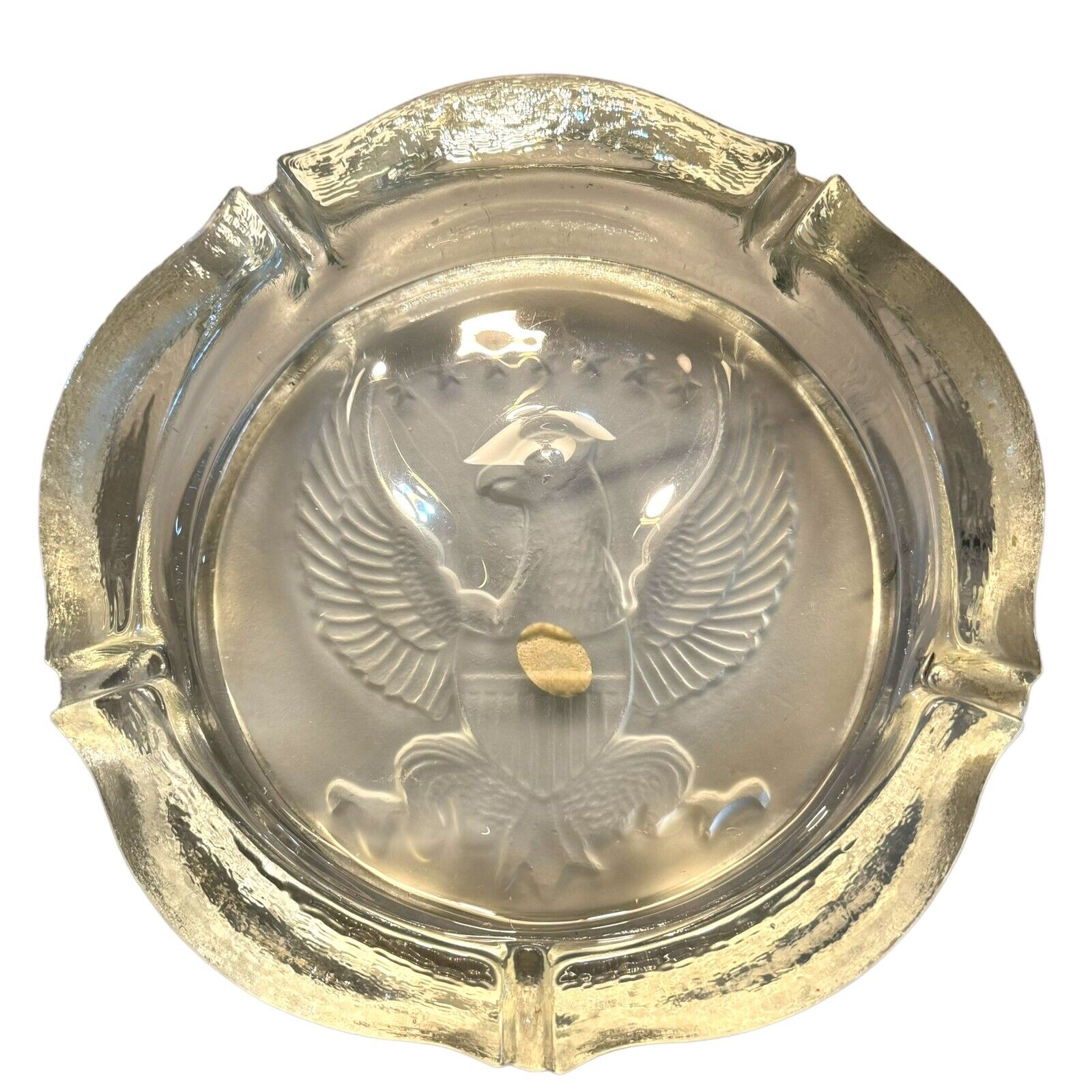 Vintage Tiara Glass Large 10” Clear & Frosted Ashtray w/ Eagle, Crest, 7 Stars