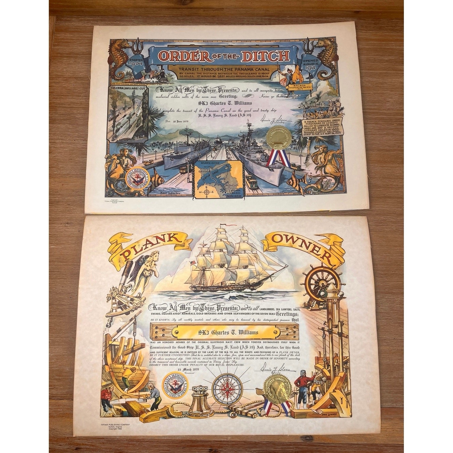 Vintage 1979 US Navy USS Emory S Land AS-39 Plank Owner Order Ditch Certificates