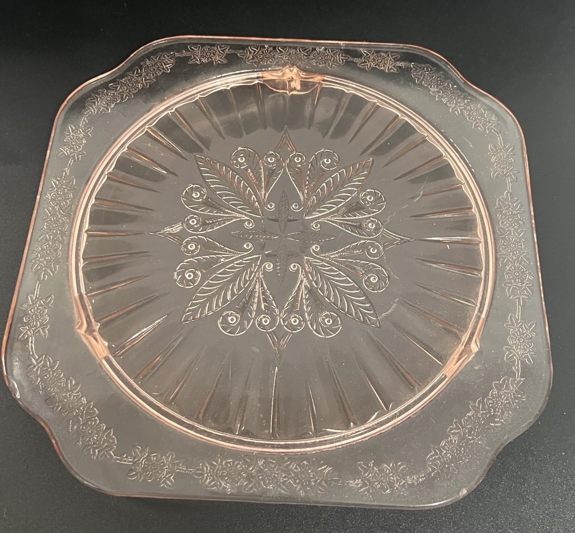 Jeannette Glass Adam Pink Glass Cake Plate Depression Glass Footed Vintage