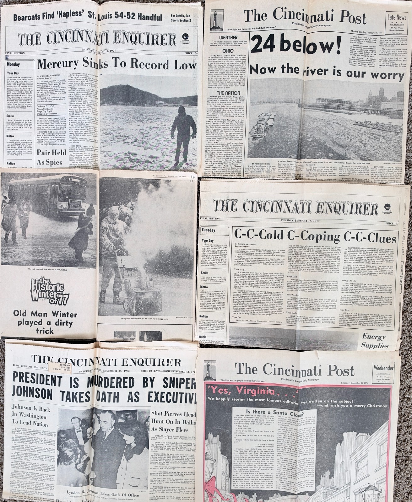 VINTAGE CINCINNATI NEWSPAPER ARTICLES-BLIZZARD OF 1977, DEATH OF JFK 1963, PLUS+