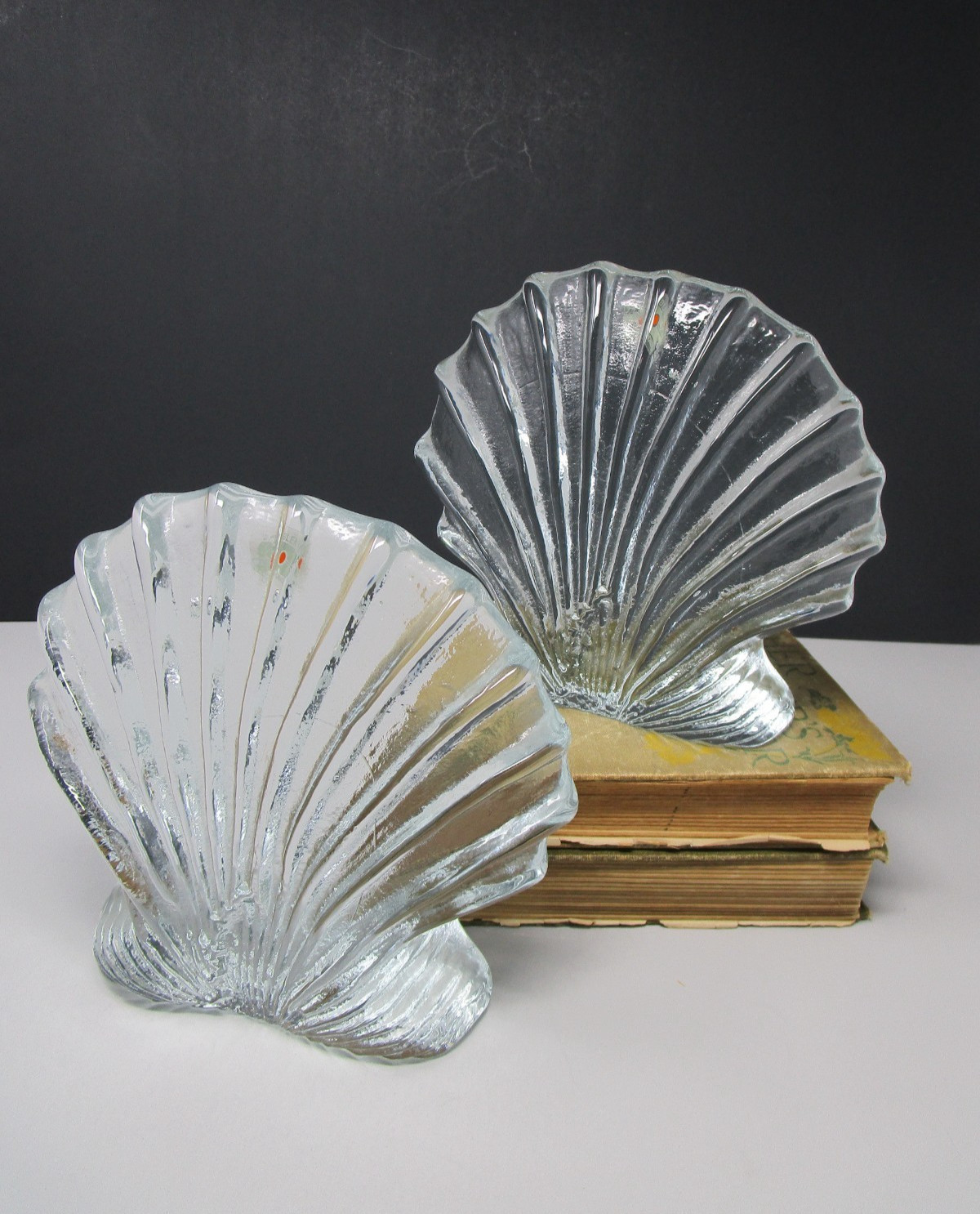 Vintage Blenko Heavy Clear Glass Sea Shell Bookends Original Stickers Nautical Vintage Blenko Heavy Clear Glass Sea Shell Bookends Original Stickers Nautical