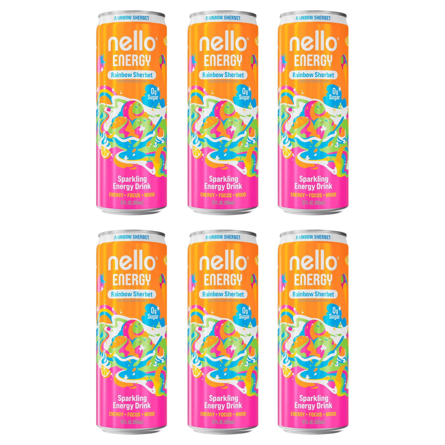 Nello Energy Rainbow Sherbet Sparkling Energy Drink 12 fl oz 6 Can Sugar Free