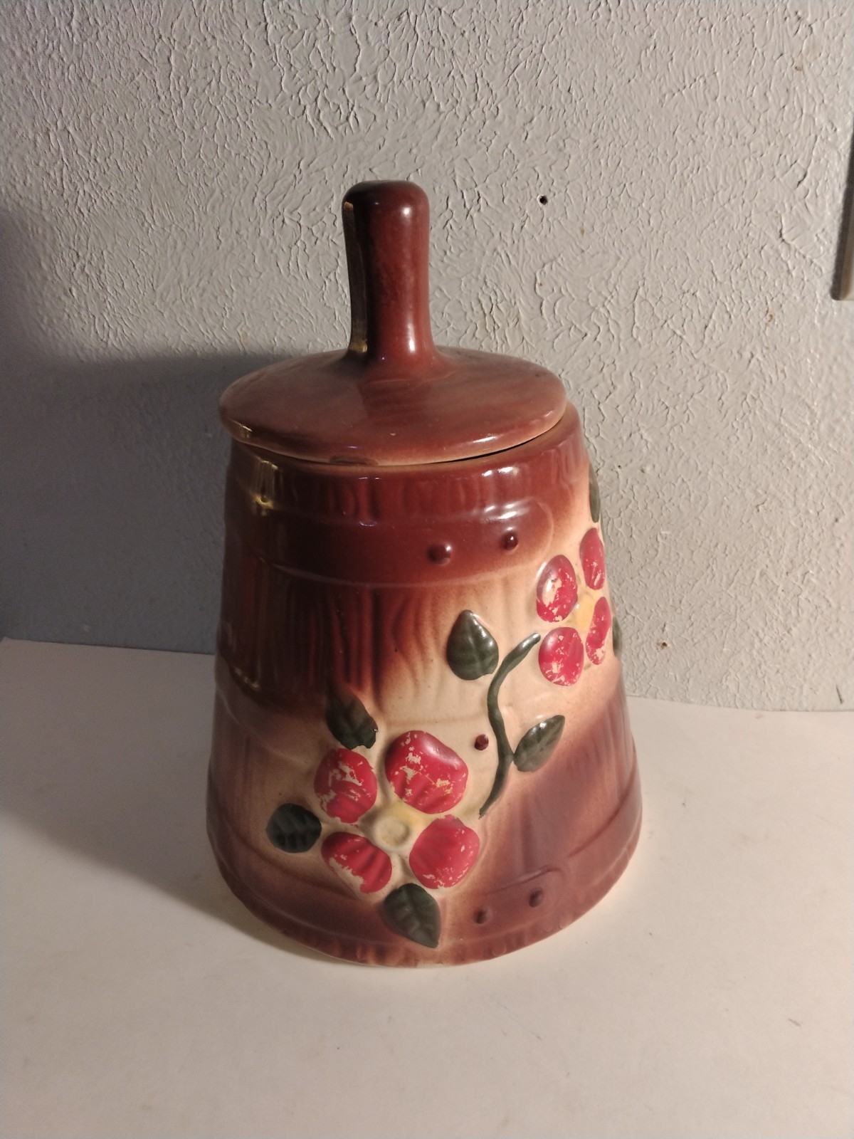 Cookie Jar Butter Churn American Bisque Pottery Brown Floral 10.5