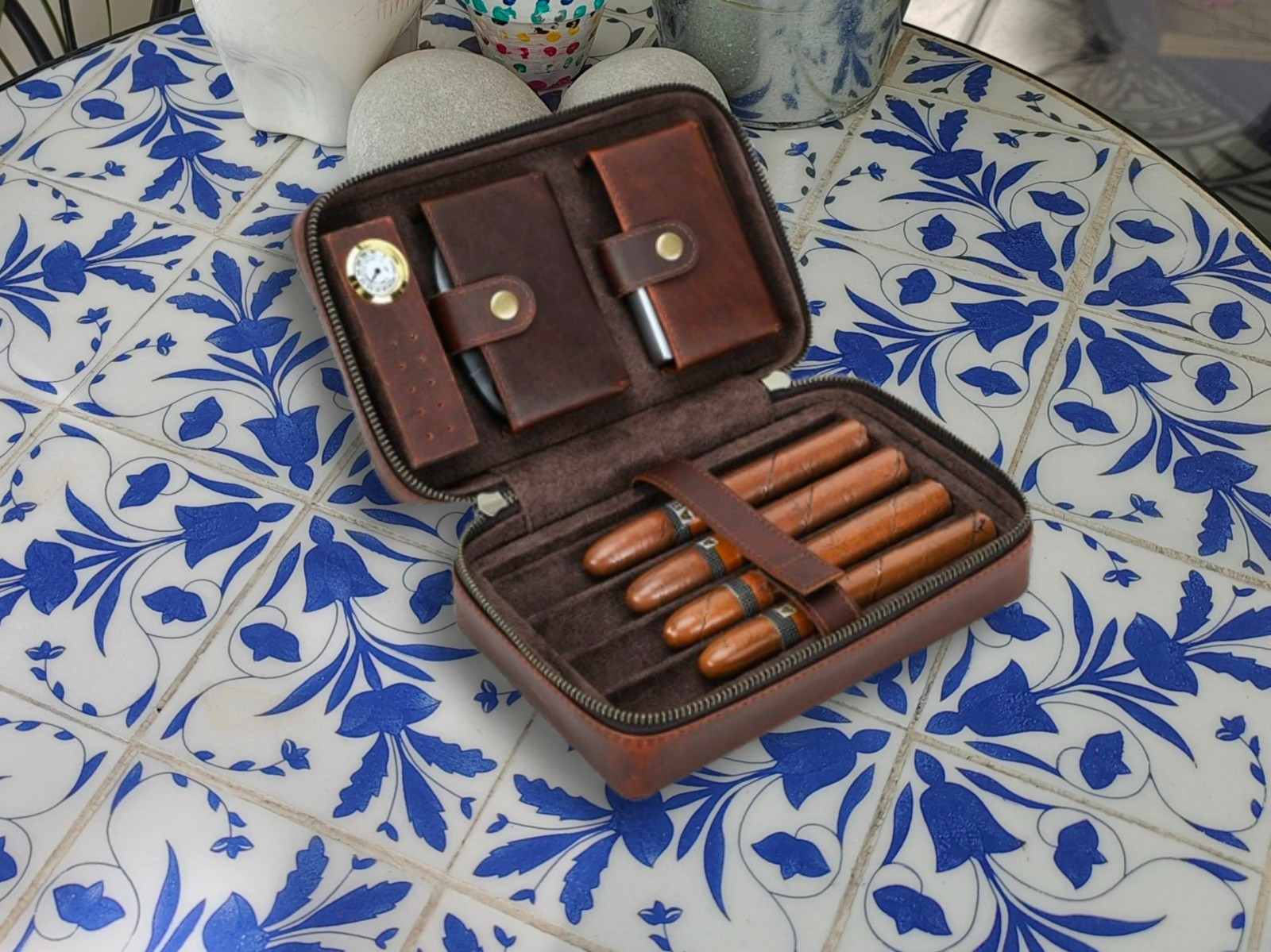 Personalized Engraving Cowhide Leather Travel Cigar Case Classic Cigar Organize