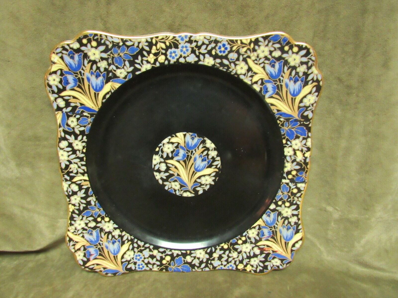 Royal Winton China Chintz Blue Tulip Square Dinner Plate w/Black Background