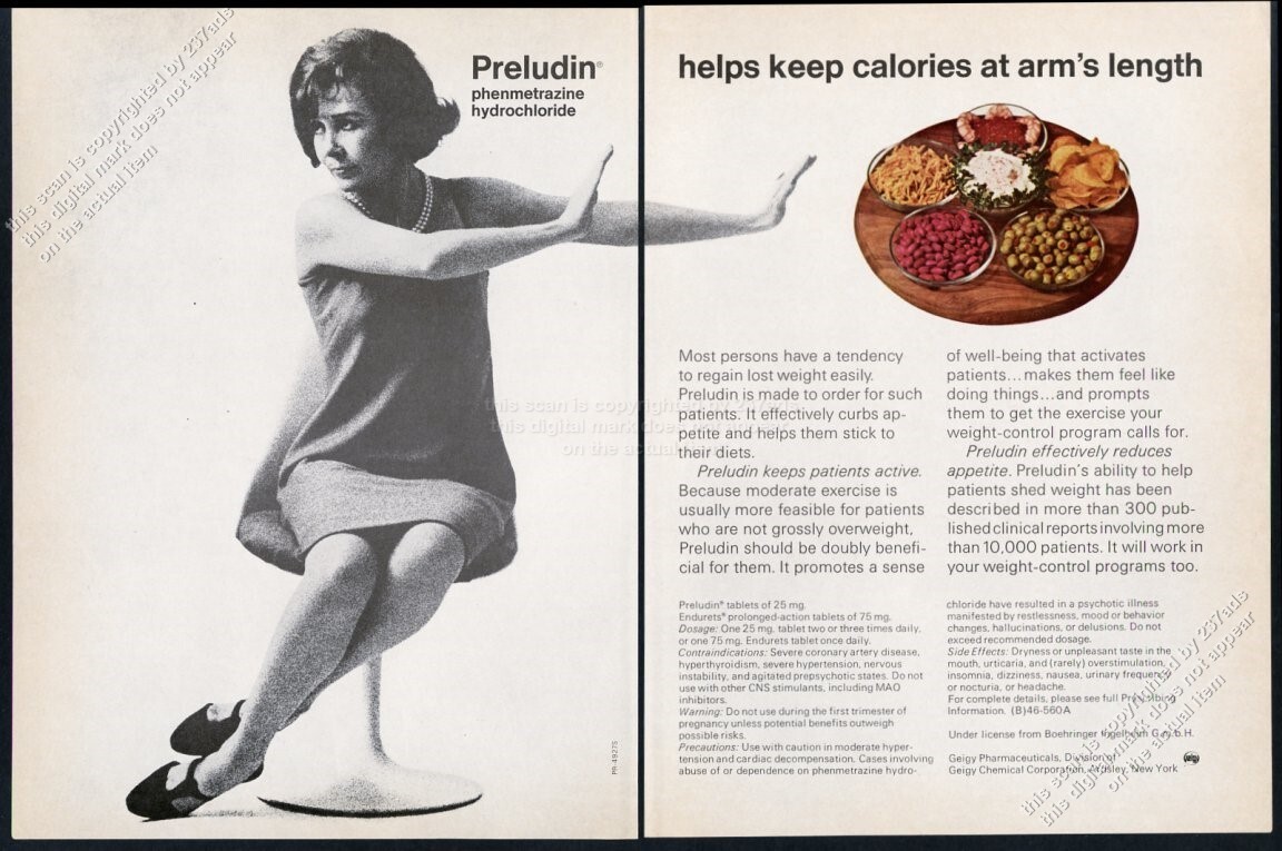 1967 Preludin phenmetrazine weight loss drug Geigy Pharmaceuticals vtg print ad