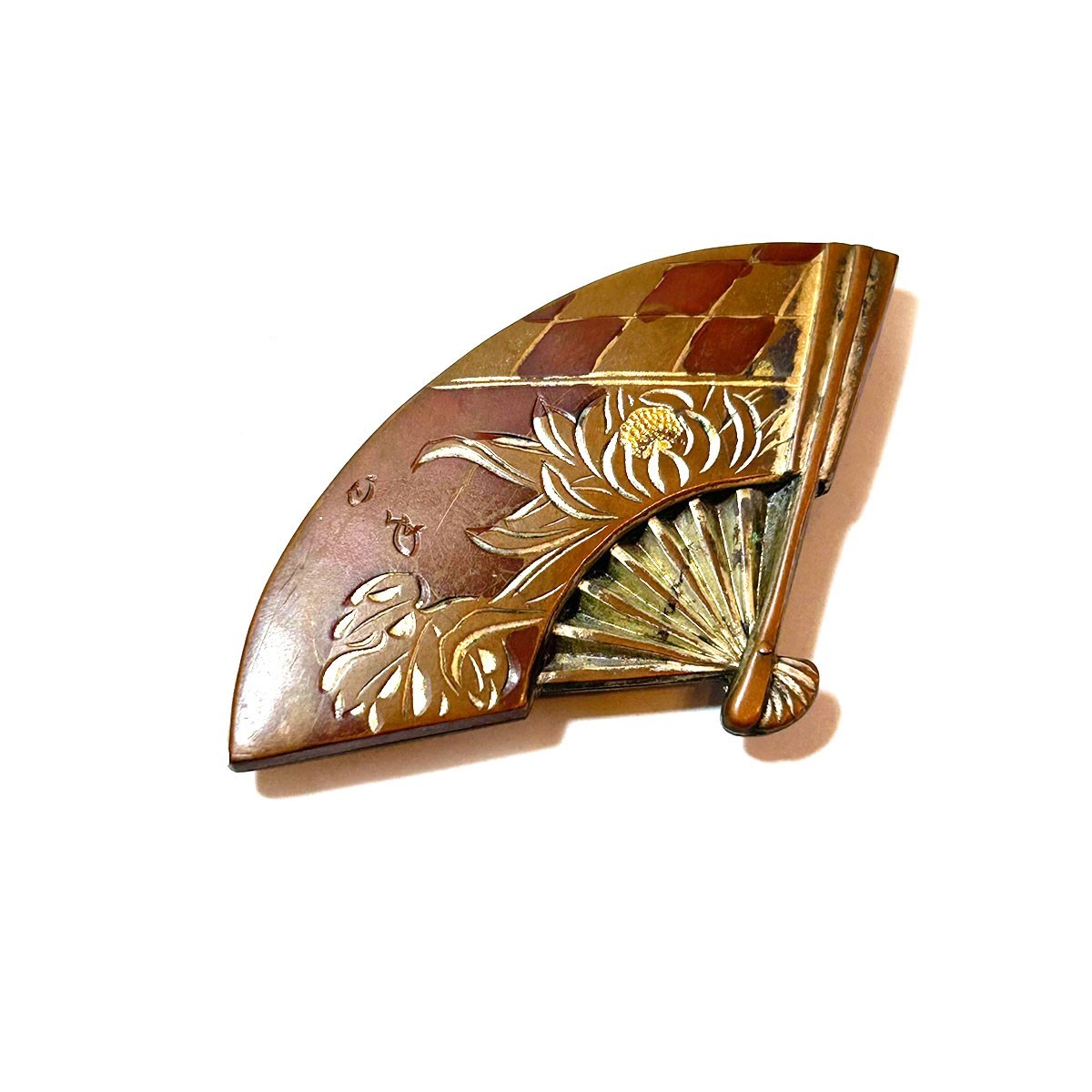 1900s Antique Japanese Traditional OBIDOME Copper Fan Signed Meiji / Taisho