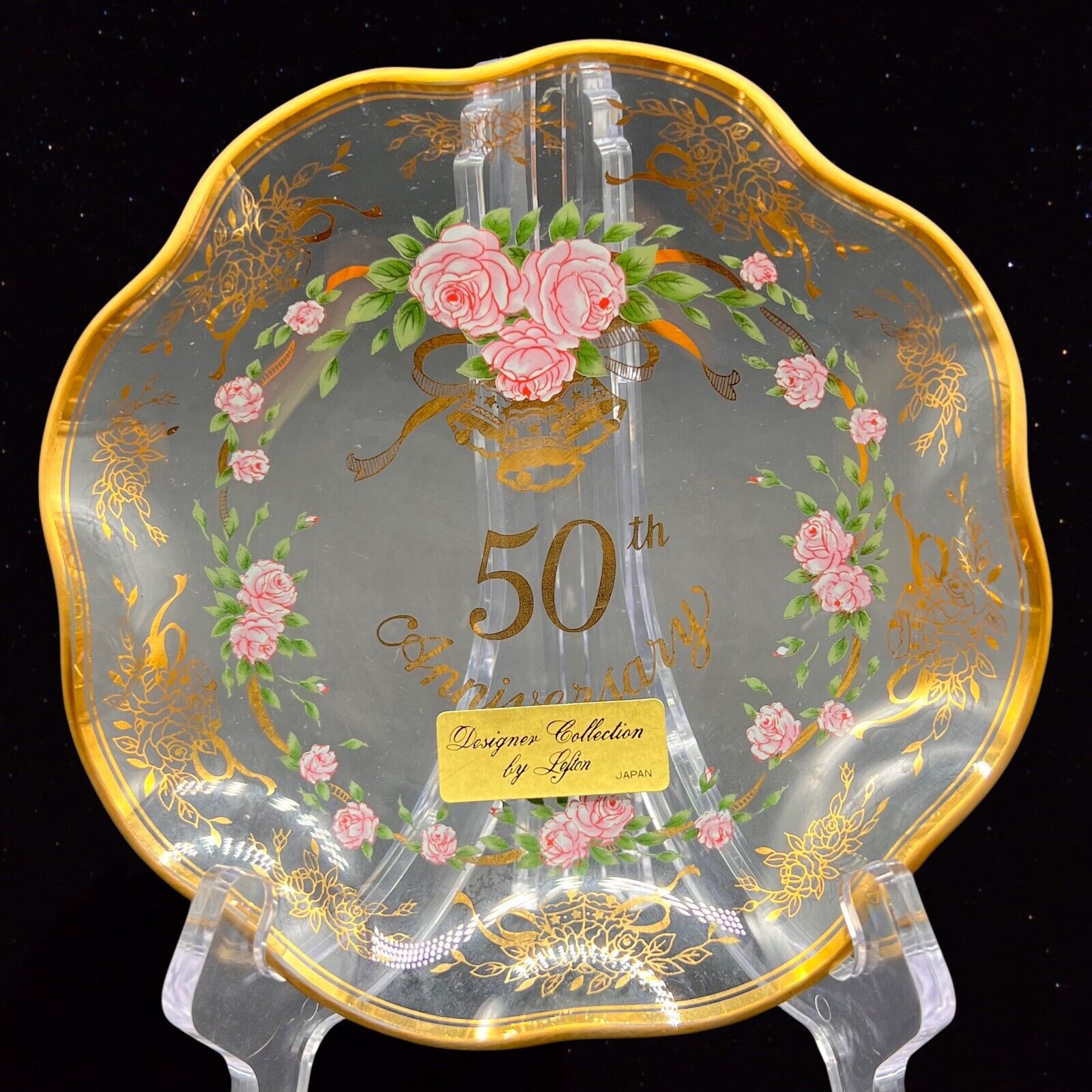 Vintage Lefton Japan Ruffled Rose Art Glass Bowl Plate 50th Aniversary 1989 6”D