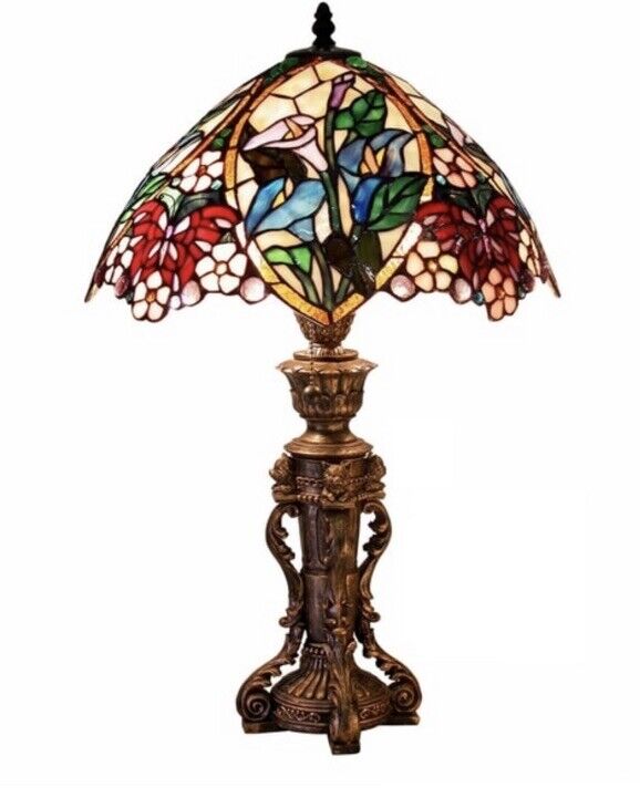 23” Tiffany Style Stained Glass Table Lamp Victorian Floral Accent Light