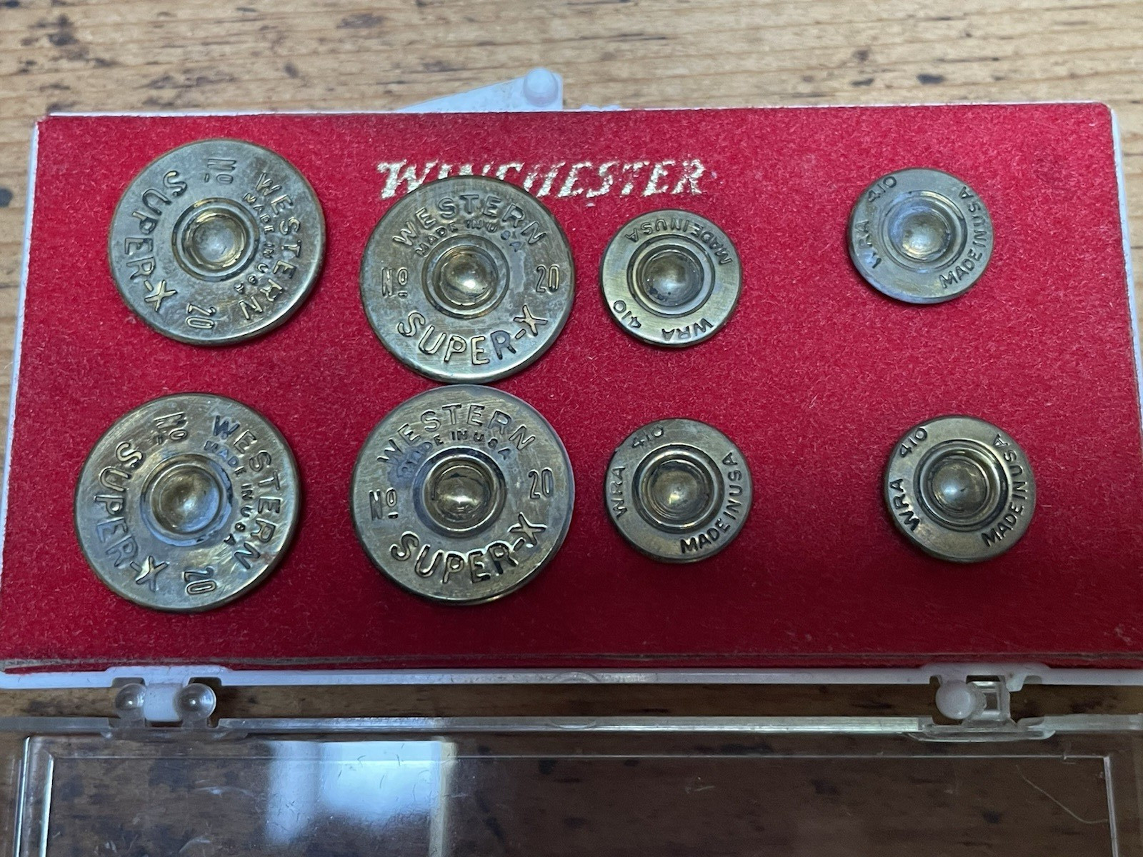 Vintage Winchester Super X Shotgun Shell Bullet Head Brass Buttons in Orig. Case
