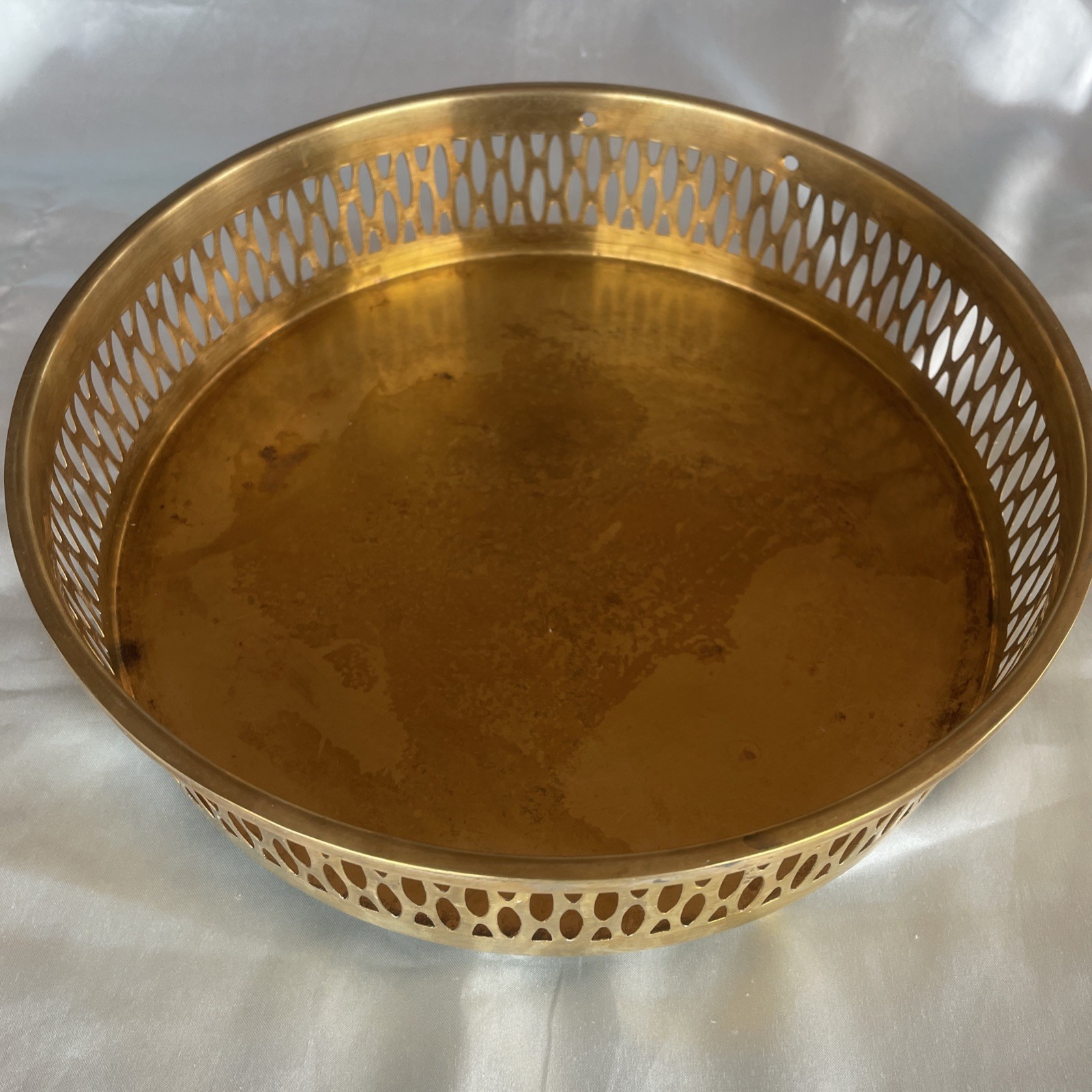 Vtg MCM Large Round Brass Gallery Drink Tea Tray Pierced ~10.5” Filigree footed