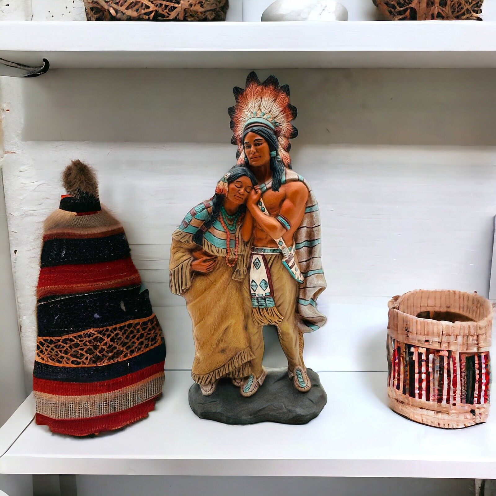 Native American Indian Hand Painted Ceramic Figure Man Woman Couple Vintage