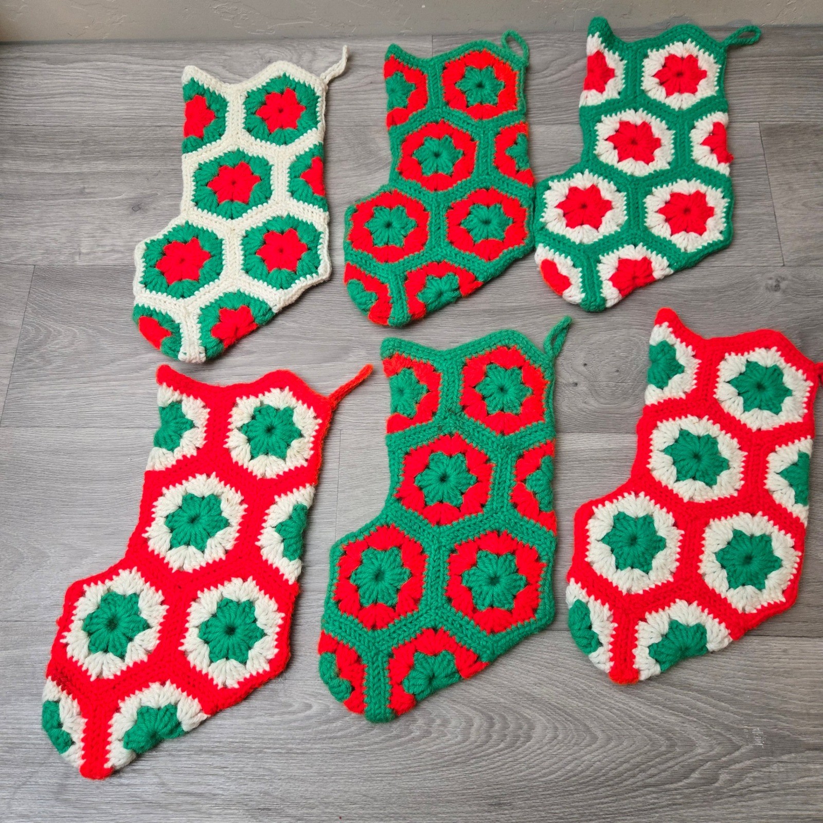 Vintage Crochet Stockings 6ct Christmas Handmade Granny Square Boho Cottagecore
