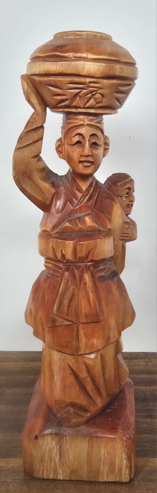 Vintage Hand Carved Wood Asian Woman Carrying Pot & Child Statue 8.5