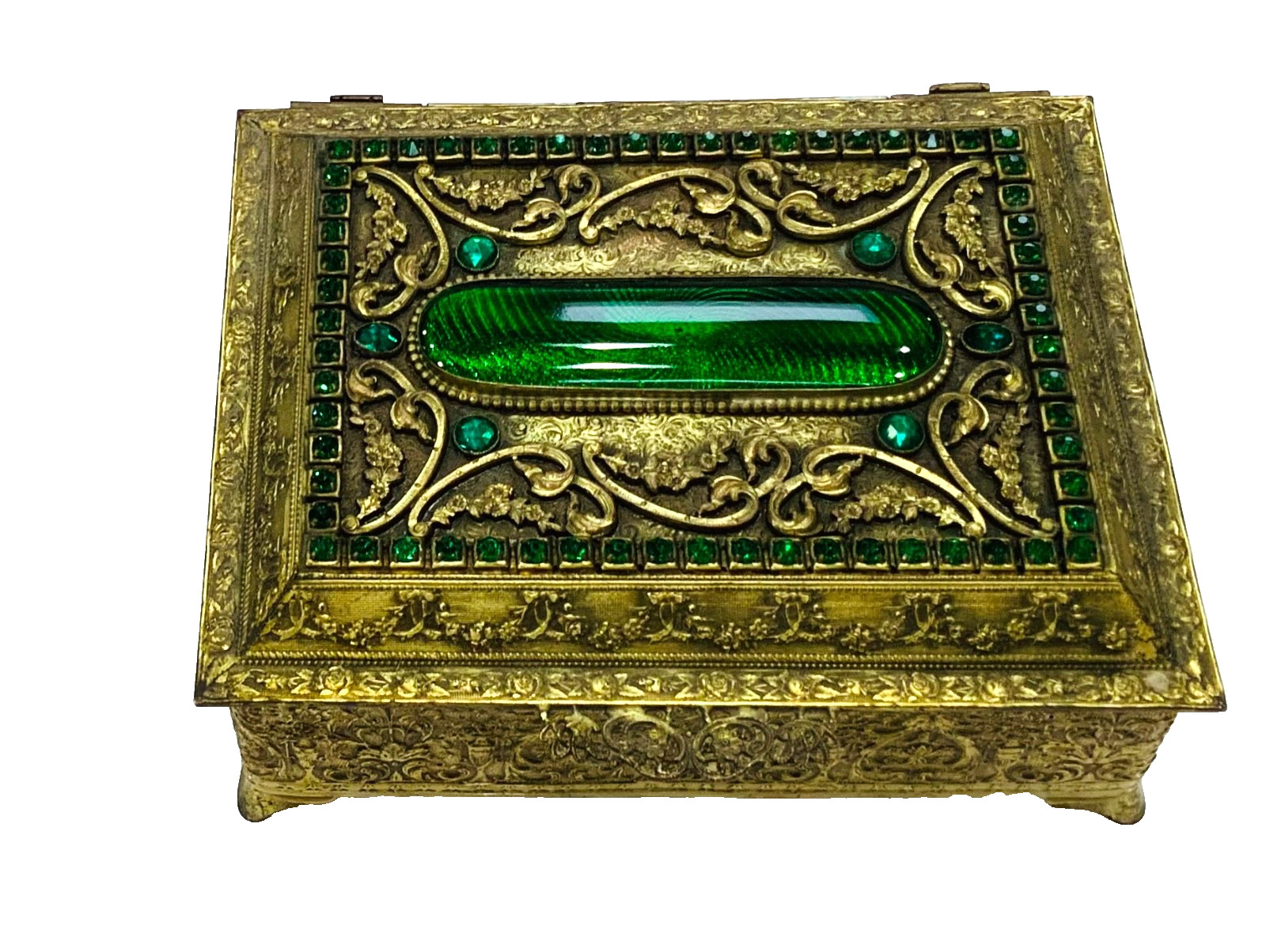 STUNNING Antique EMERALD GREEN ORNATE JEWELED CASKET VANITY Box E&JB EMPIRE GOLD
