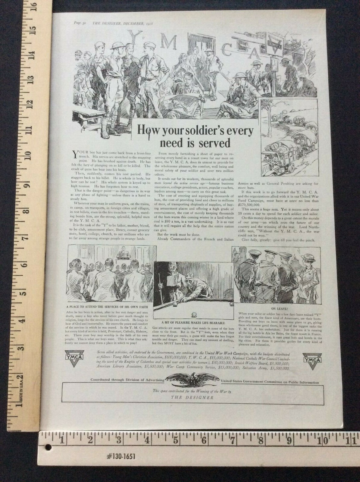 Rare Antique Original VTG 1918 YMCA for Soldiers Rest & Recreation Ad Art Print