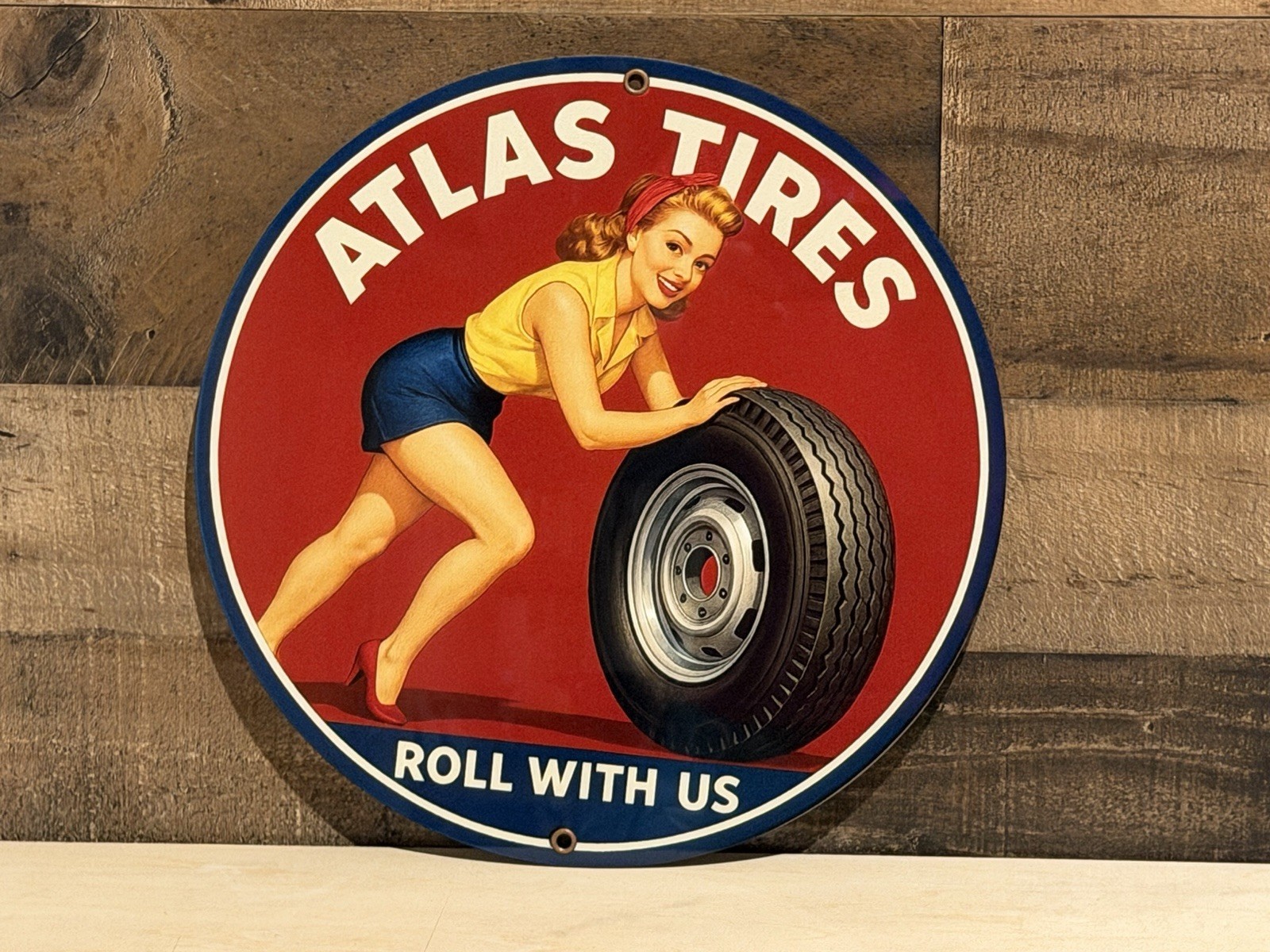Hi Gloss Atlas Tires Pinup Girl Advertising Vintage  Style Metal Sign
