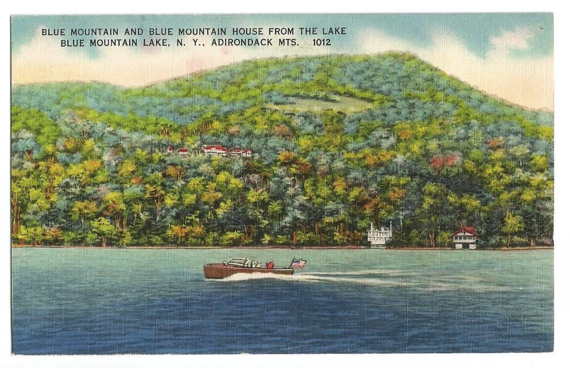 Blue Mountain Lake NY Postcard Boat Adirondack Mountains