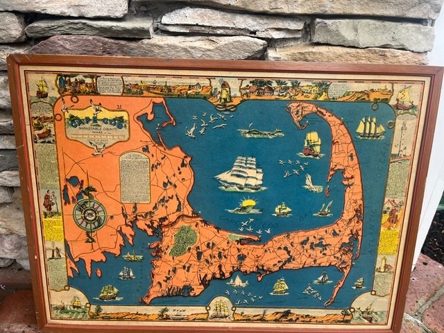 1930s Pictorial Map of Cape Cod - Town Crier Shop, Massachusetts Original Framed