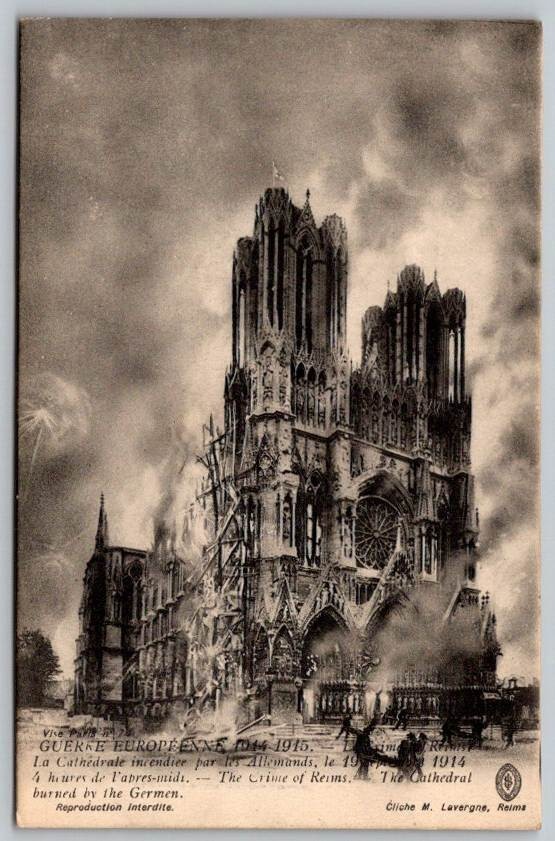 CPA Reims France Rue Burning Cathedral after Bombardment WW1 [51] Marne Postcard
