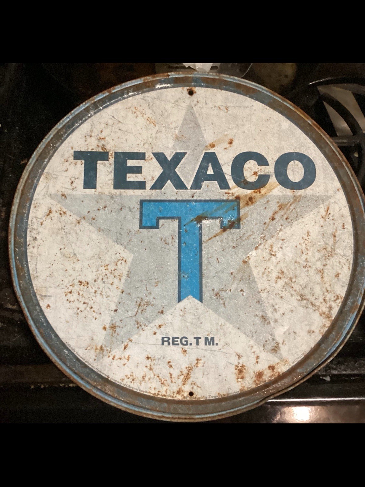 Texaco Vintage Round Metal Sign Blue & White T Logo Gas & Oil Advertising