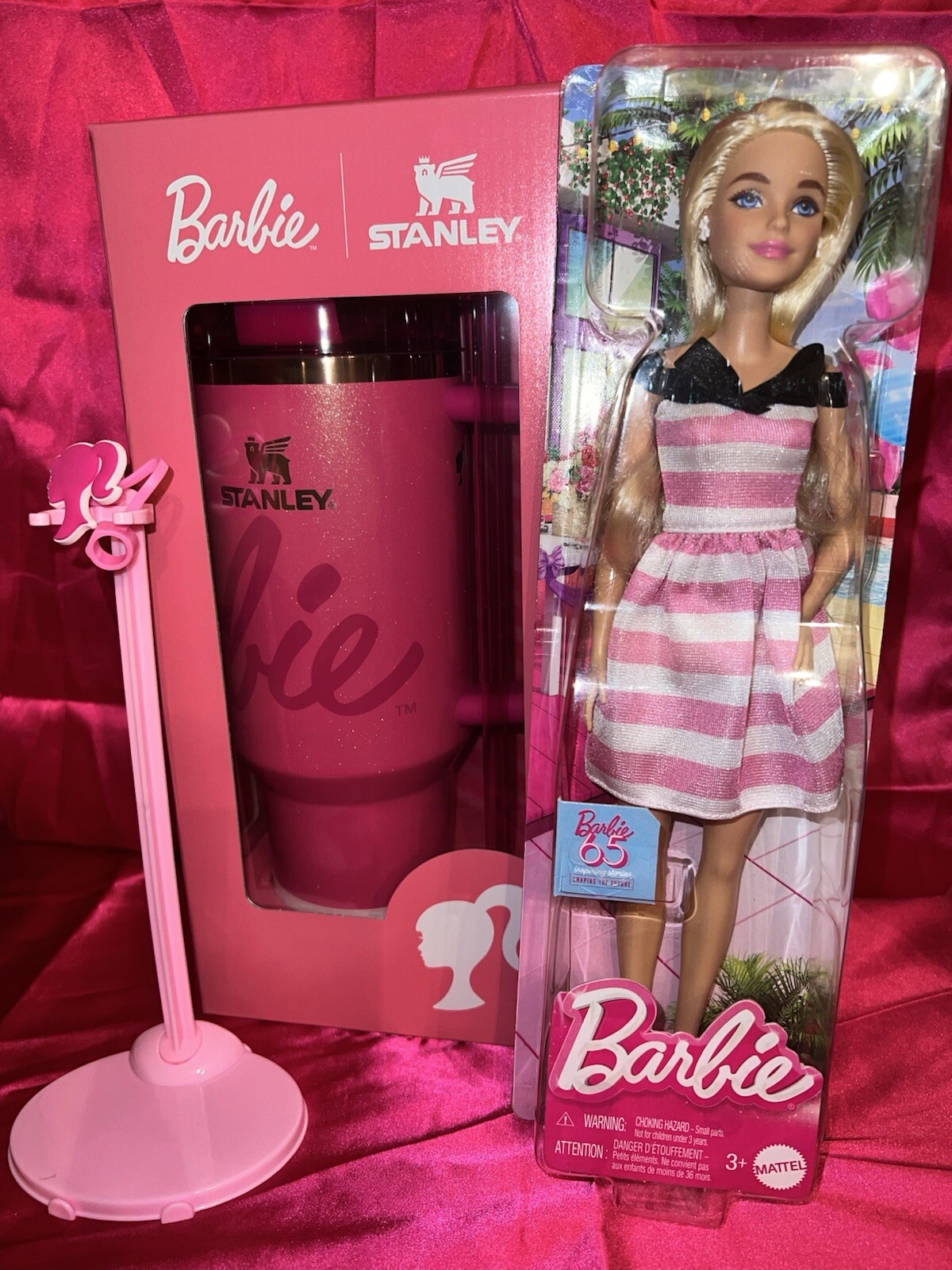 Barbie Icon Stanley w/ Matching 65th Anni. Barbie Doll, Doll Stand, & Straw Cap.