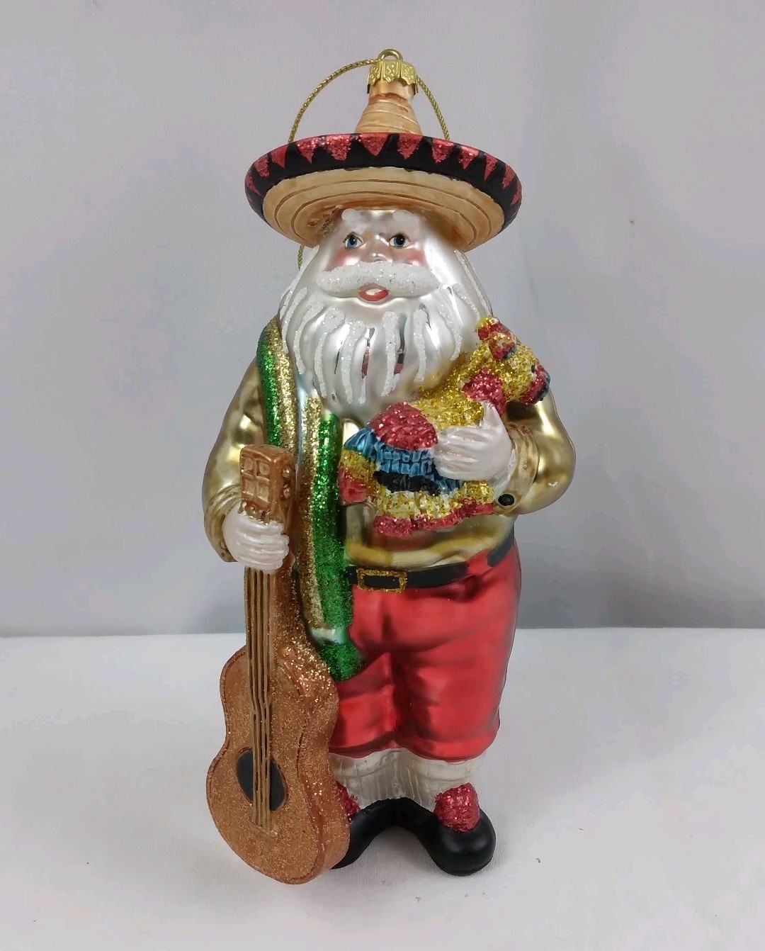 Papa Noel Glass Christmas Ornament Hispanic Mexican Santa Musician Pinata