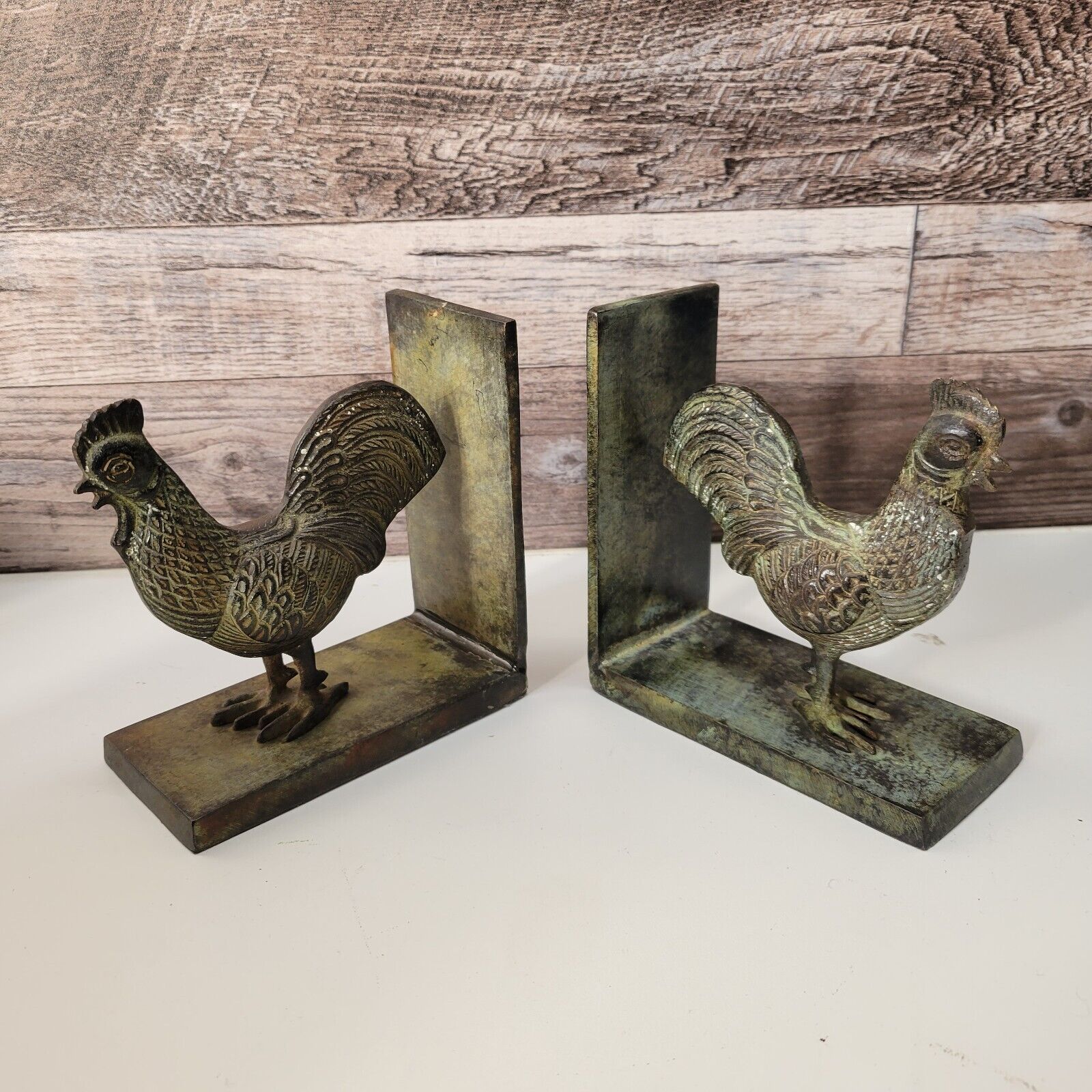 Vintage Cast Iron Chicken Rooster Bronzed Bookends Repaired