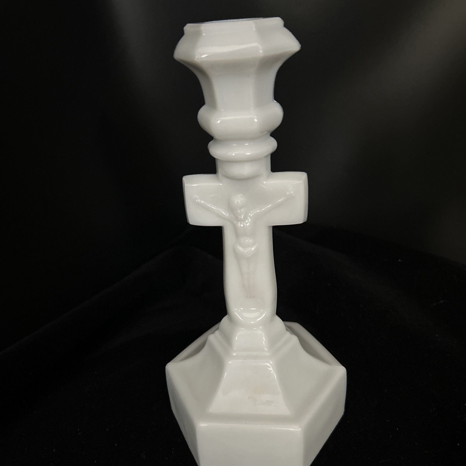 Antique Cambridge Religious Opal Glass Crucifix Candlestick 1903